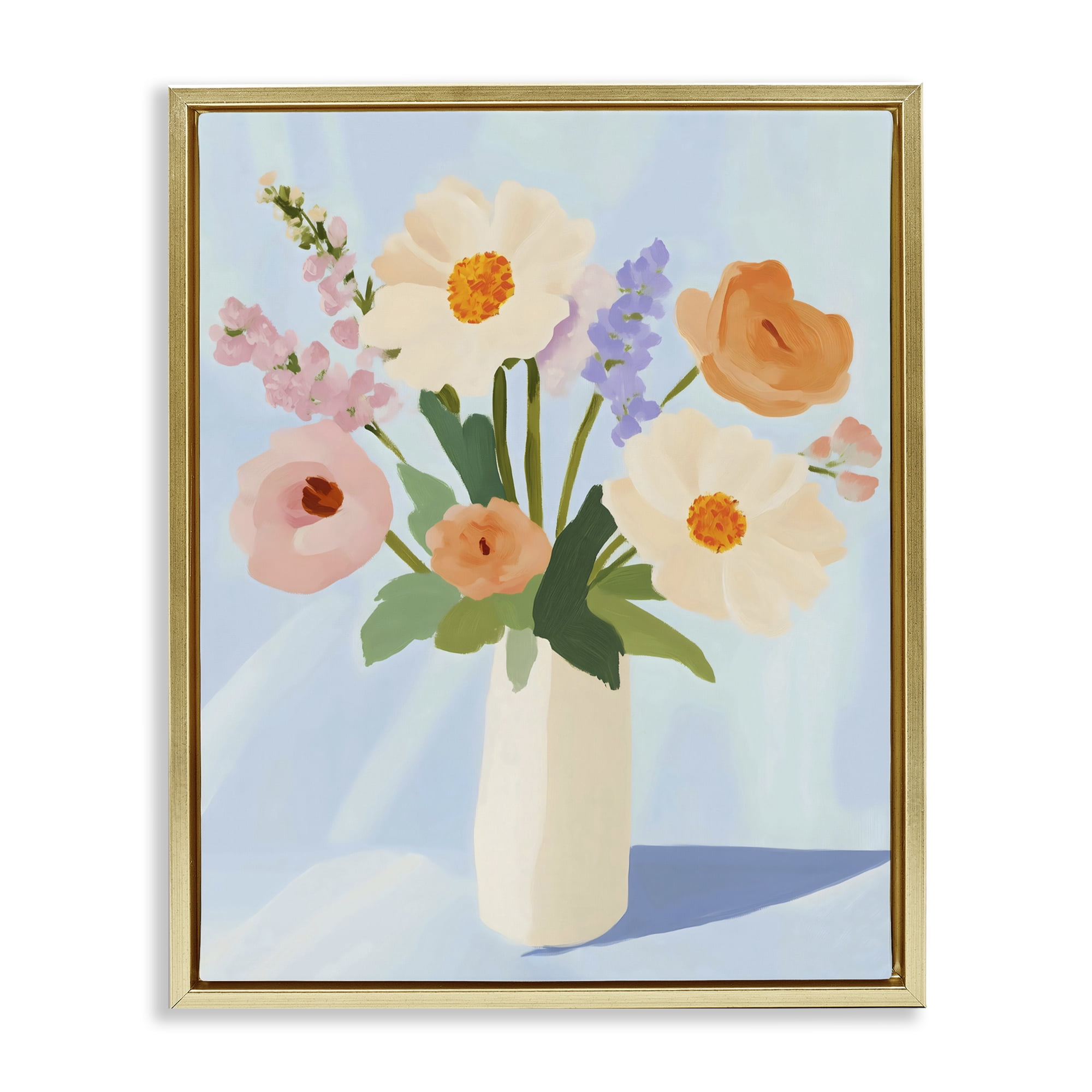 Stupell Industries Floral Bouquet in Sleek White Vase Gold Framed Floater Canvas Wall Art, design by The Prints Vibe
