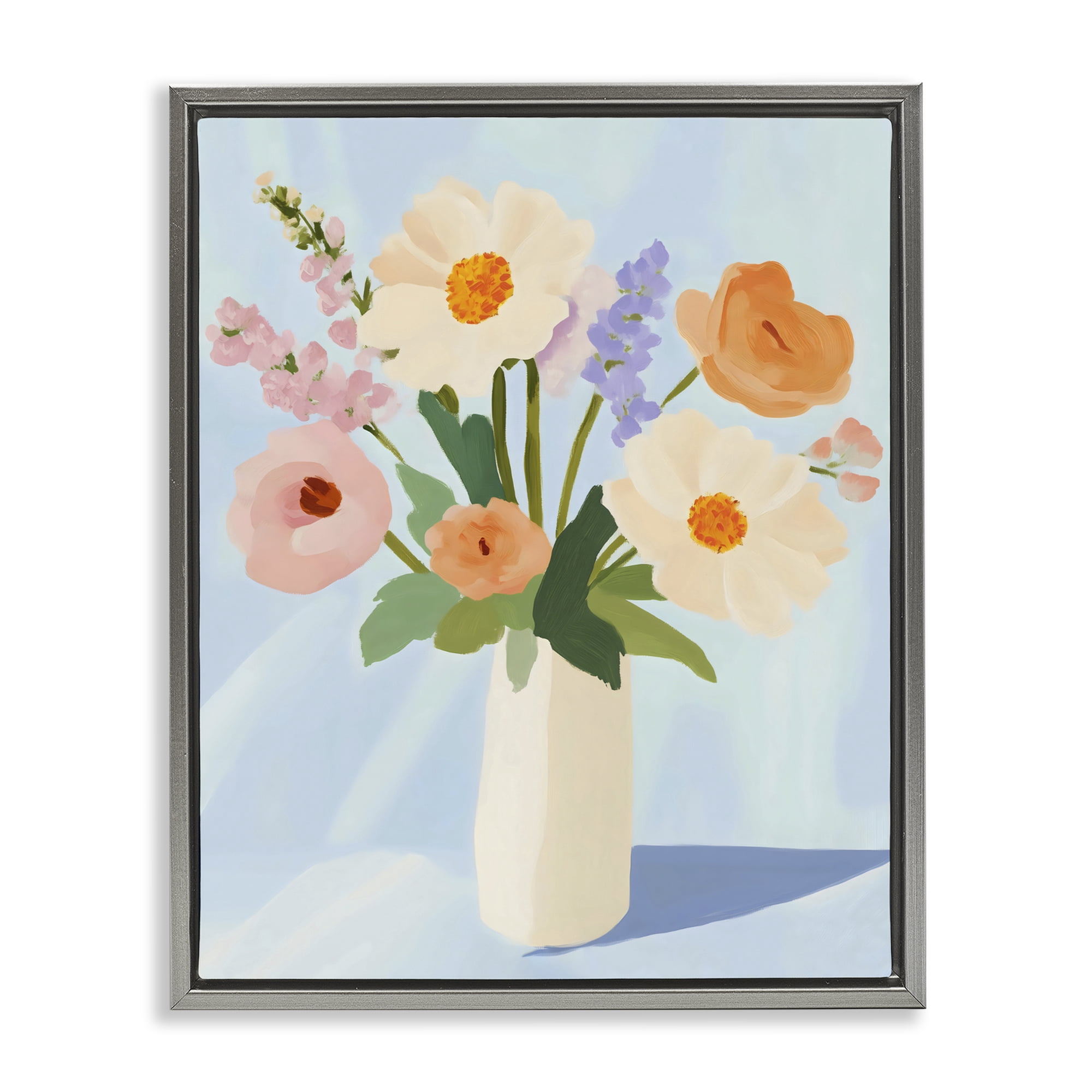 Stupell Industries Floral Bouquet in Sleek White Vase Gray Framed Floater Canvas Wall Art, design by The Prints Vibe