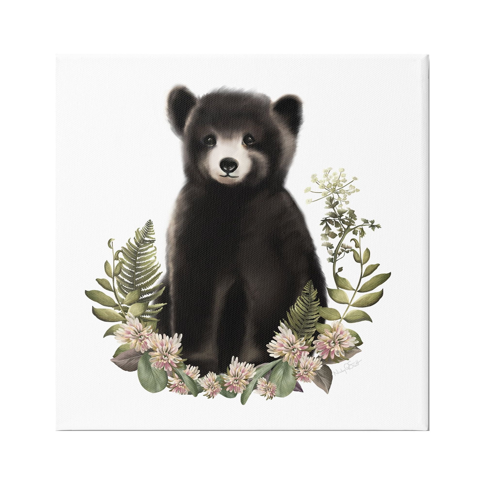 Floral Bramble Bear Black Canvas Art Print, 17 x 17