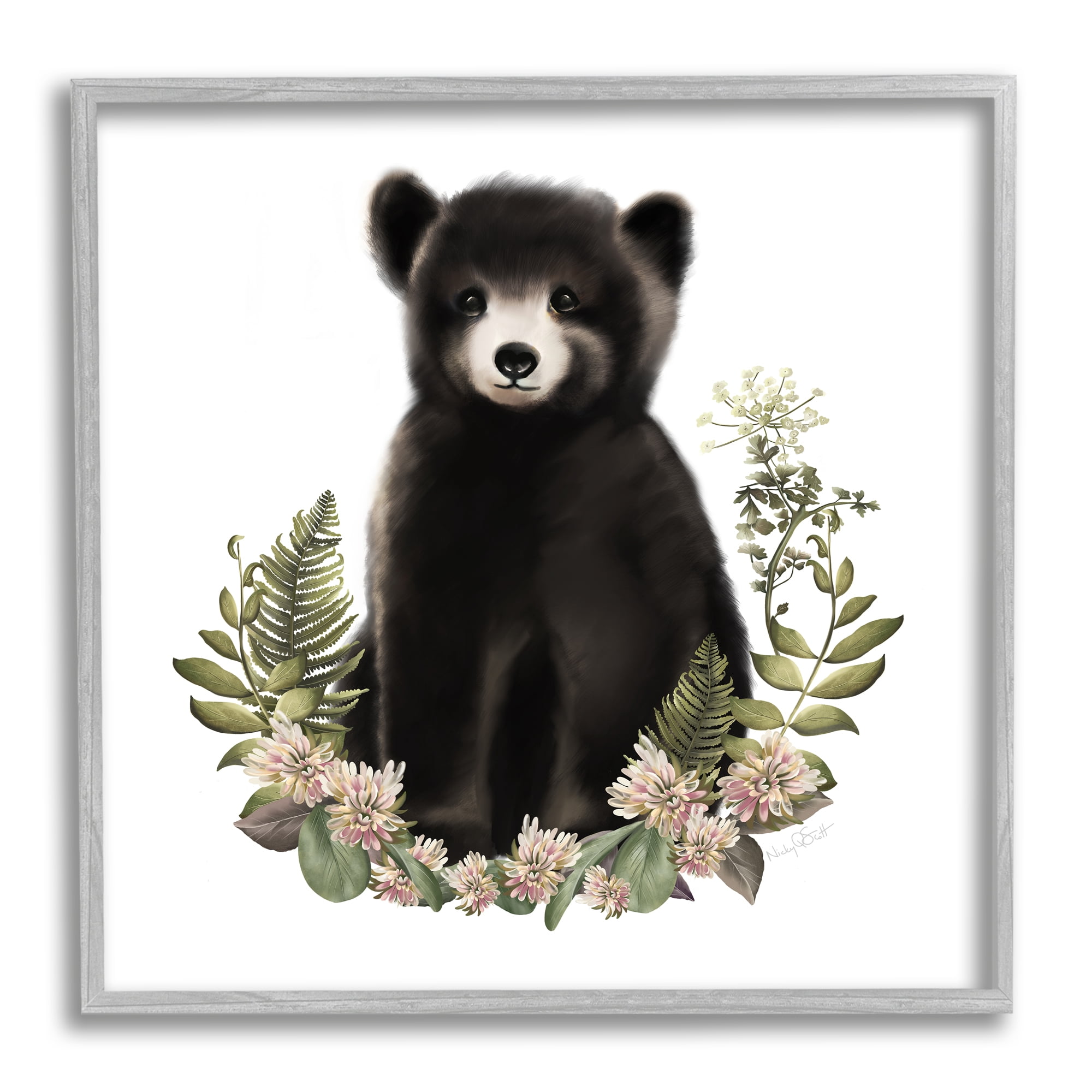 Stupell Industries Floral Bramble Bear Animals & Insects Painting Gray Framed Art Print Wall Art, 24 x 24