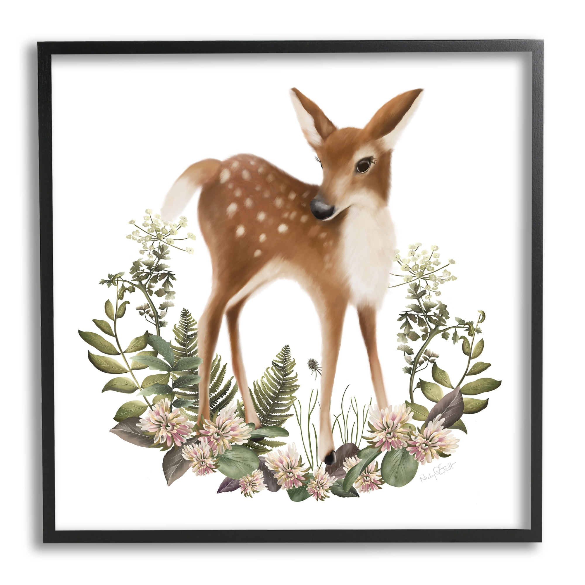 Stupell Industries Floral Bramble Deer Animals & Insects Painting Black Framed Art Print Wall Art, 17 x 17