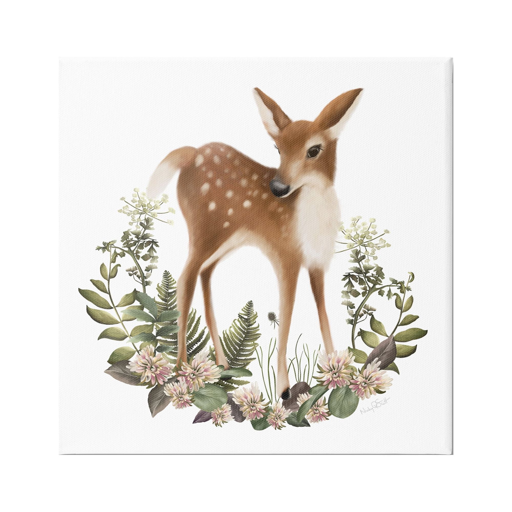 Stupell Industries Floral Bramble Deer Animals & Insects Painting Gallery Wrapped Canvas Art Print Wall Art, 17 x 17