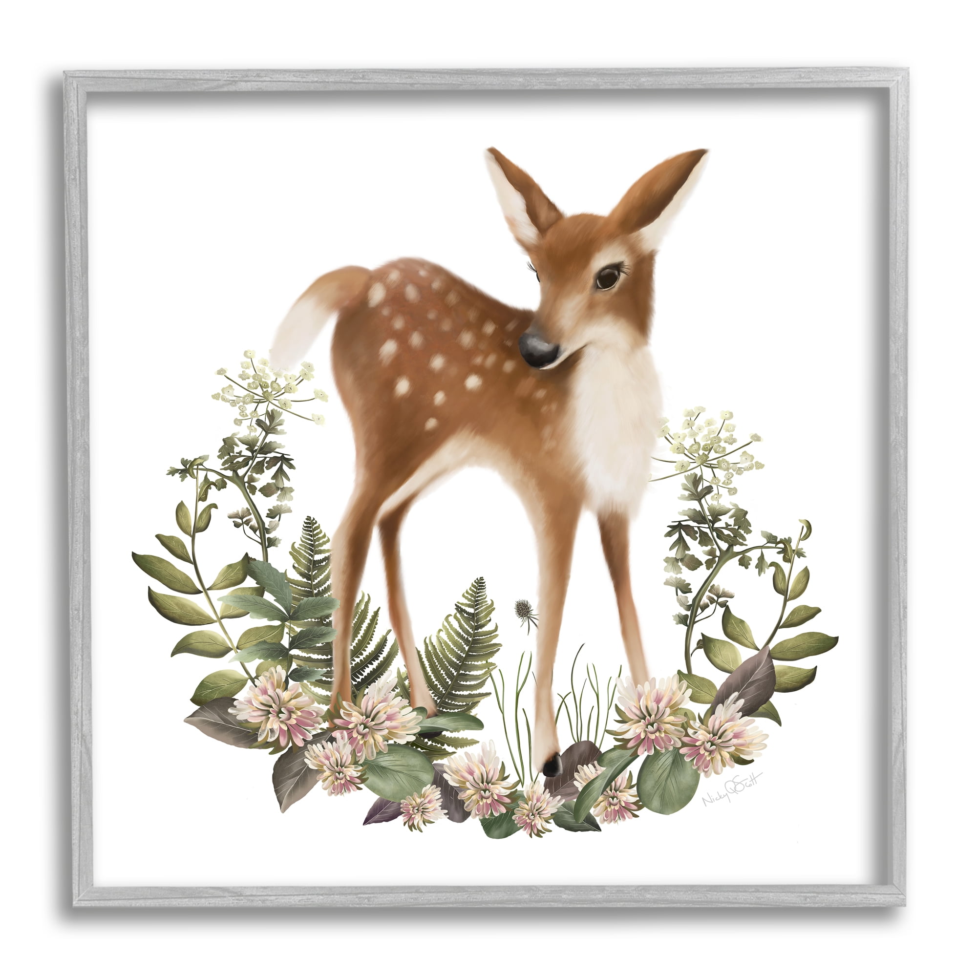 Stupell Industries Floral Bramble Deer Animals & Insects Painting Gray Framed Art Print Wall Art, 17 x 17