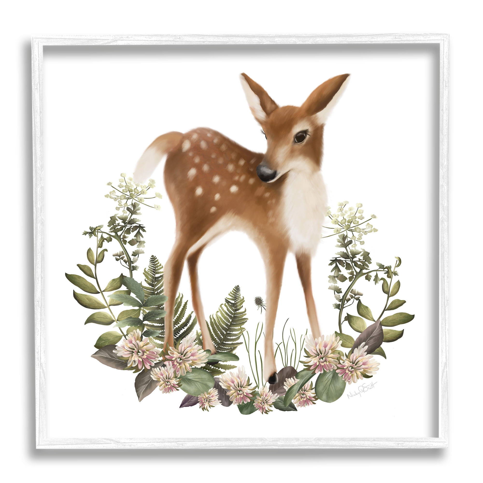 Stupell Industries Floral Bramble Deer Animals & Insects Painting White Framed Art Print Wall Art, 17 x 17