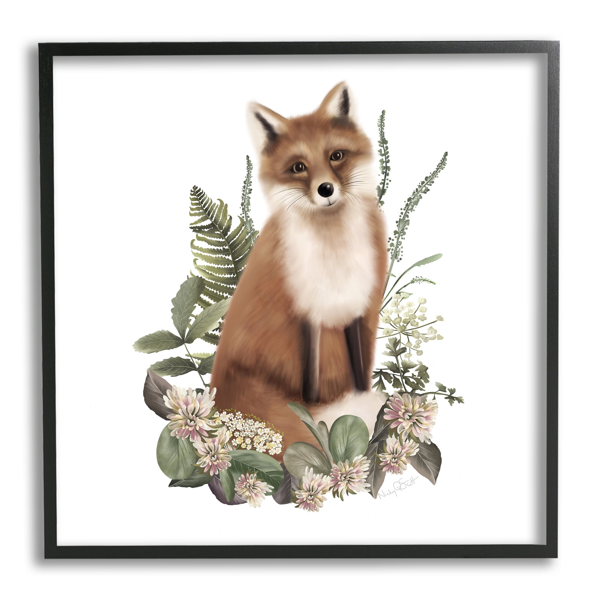Stupell Industries Floral Bramble Fox Animals & Insects Painting Black Framed Art Print Wall Art, 24 x 24