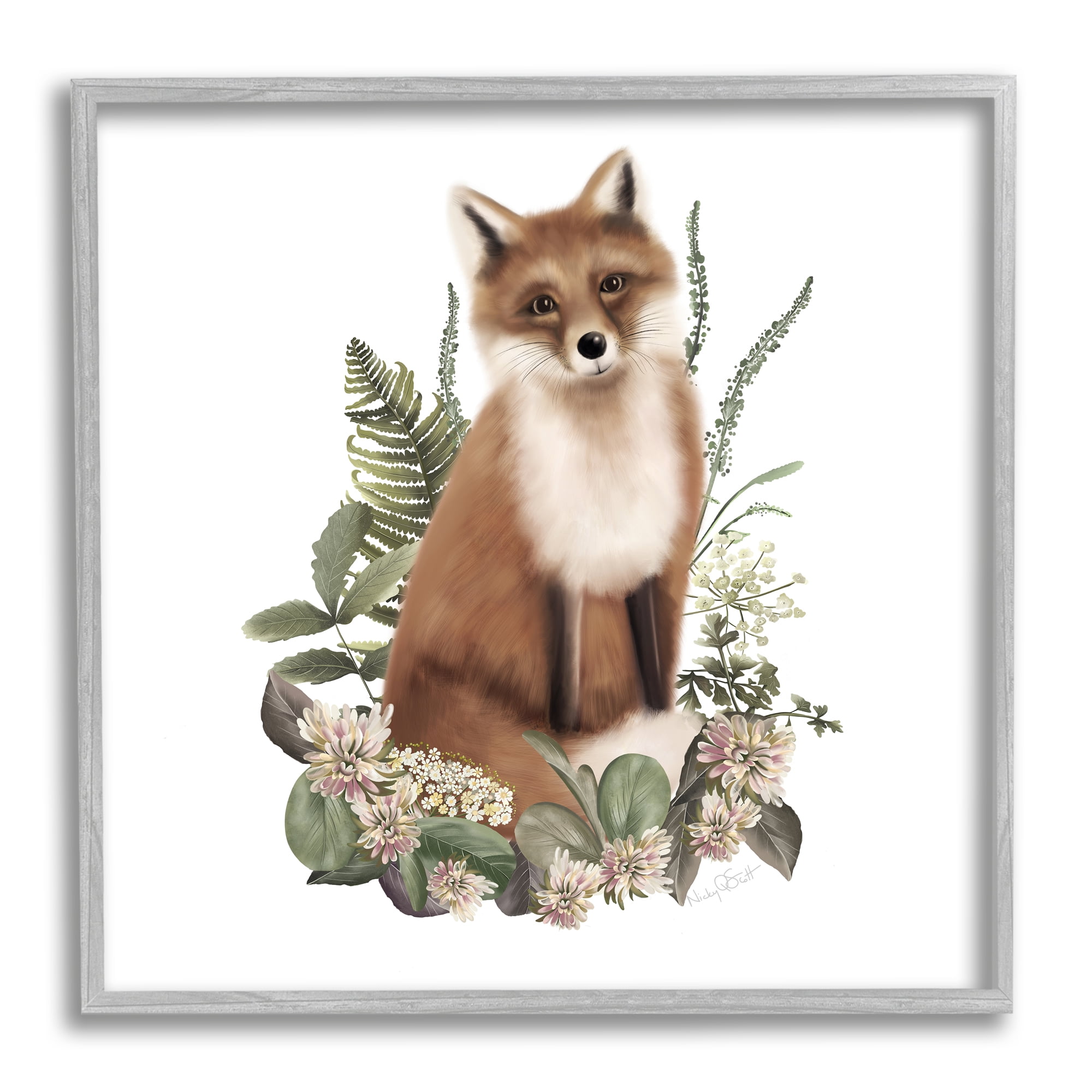 Stupell Industries Floral Bramble Fox Animals & Insects Painting Gray Framed Art Print Wall Art, 24 x 24