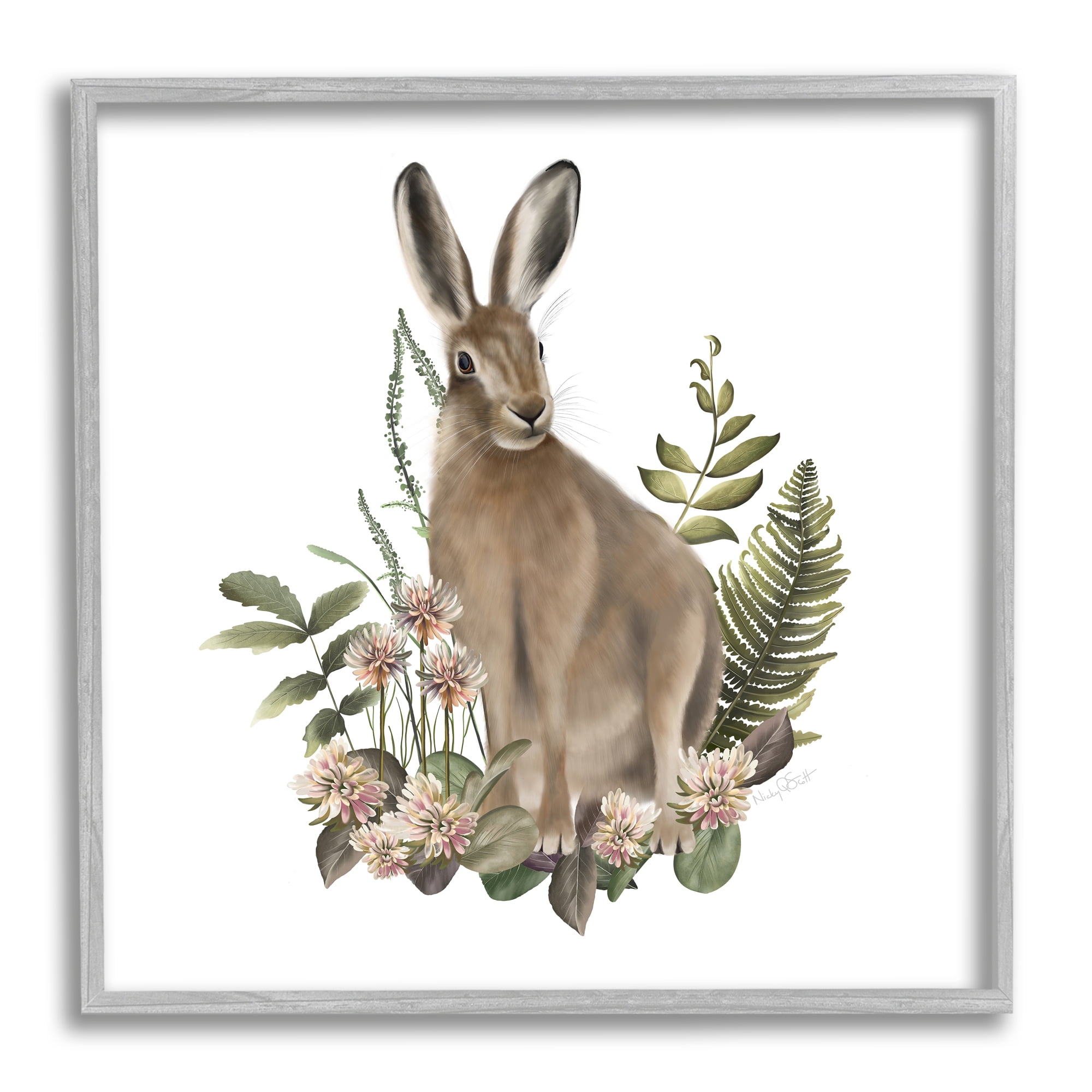 Stupell Industries Floral Bramble Hare Animals & Insects Painting Gray Framed Art Print Wall Art, 12 x 12