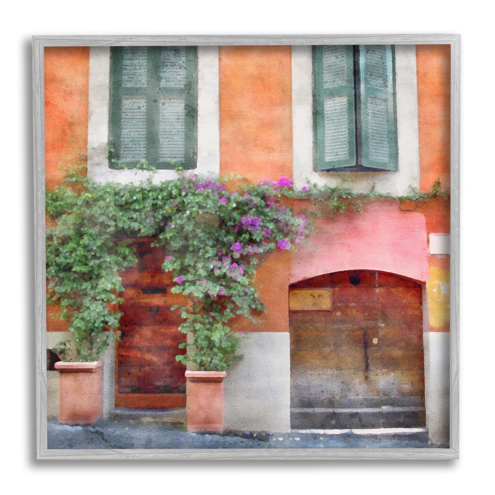 Stupell Industries Floral Building in Italy Travel & Places Painting Gray Framed Art Print Wall Art, 17 x 17