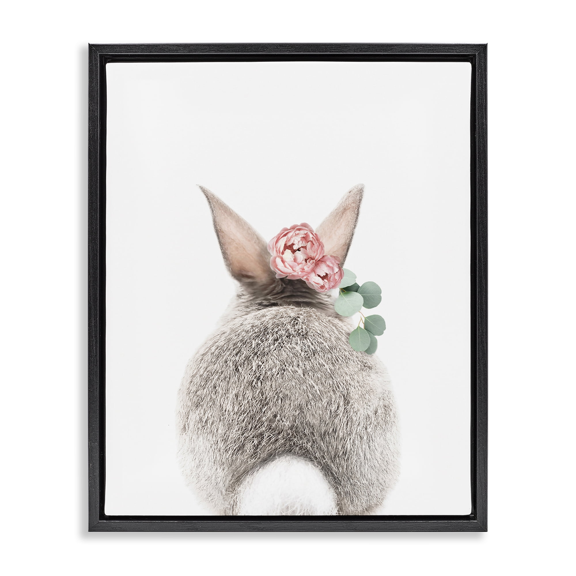 Stupell Industries Floral Bunny Tail Side Animals Painting Black Floater Framed Canvas Art Print Wall Art, 25 x 31