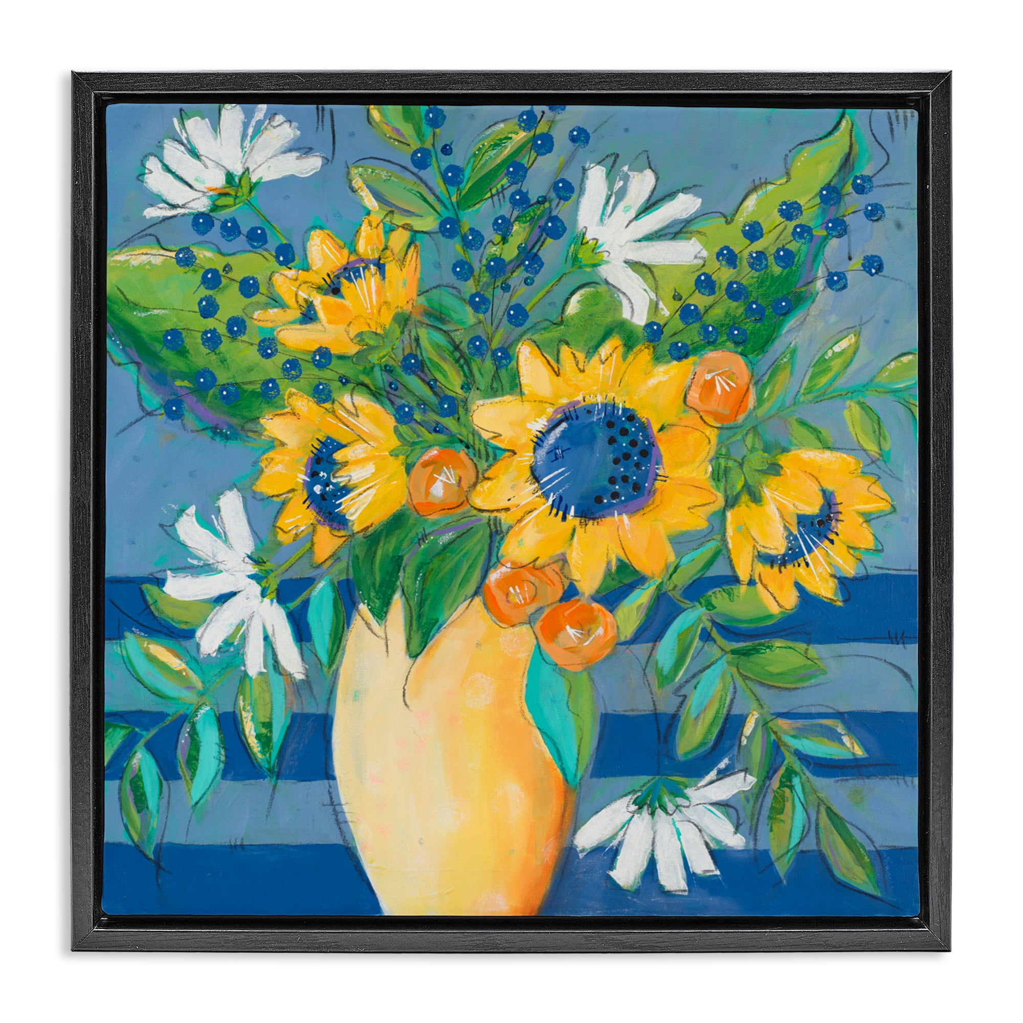 Stupell Industries Floral Bursts Among The Blue Black Framed Floater Canvas Wall Art, design by Krinlox