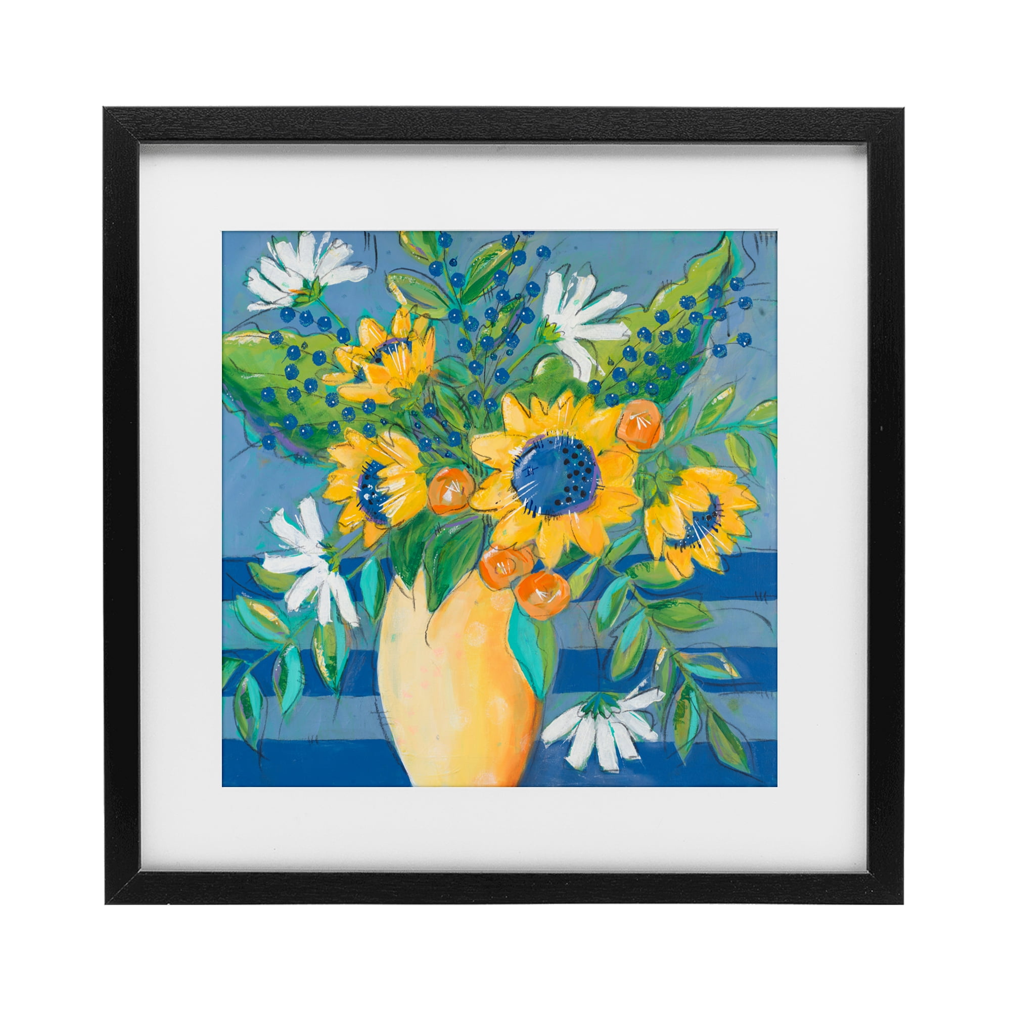 Stupell Industries Floral Bursts Among The Blue Black Framed Print Under Glass, design by Krinlox