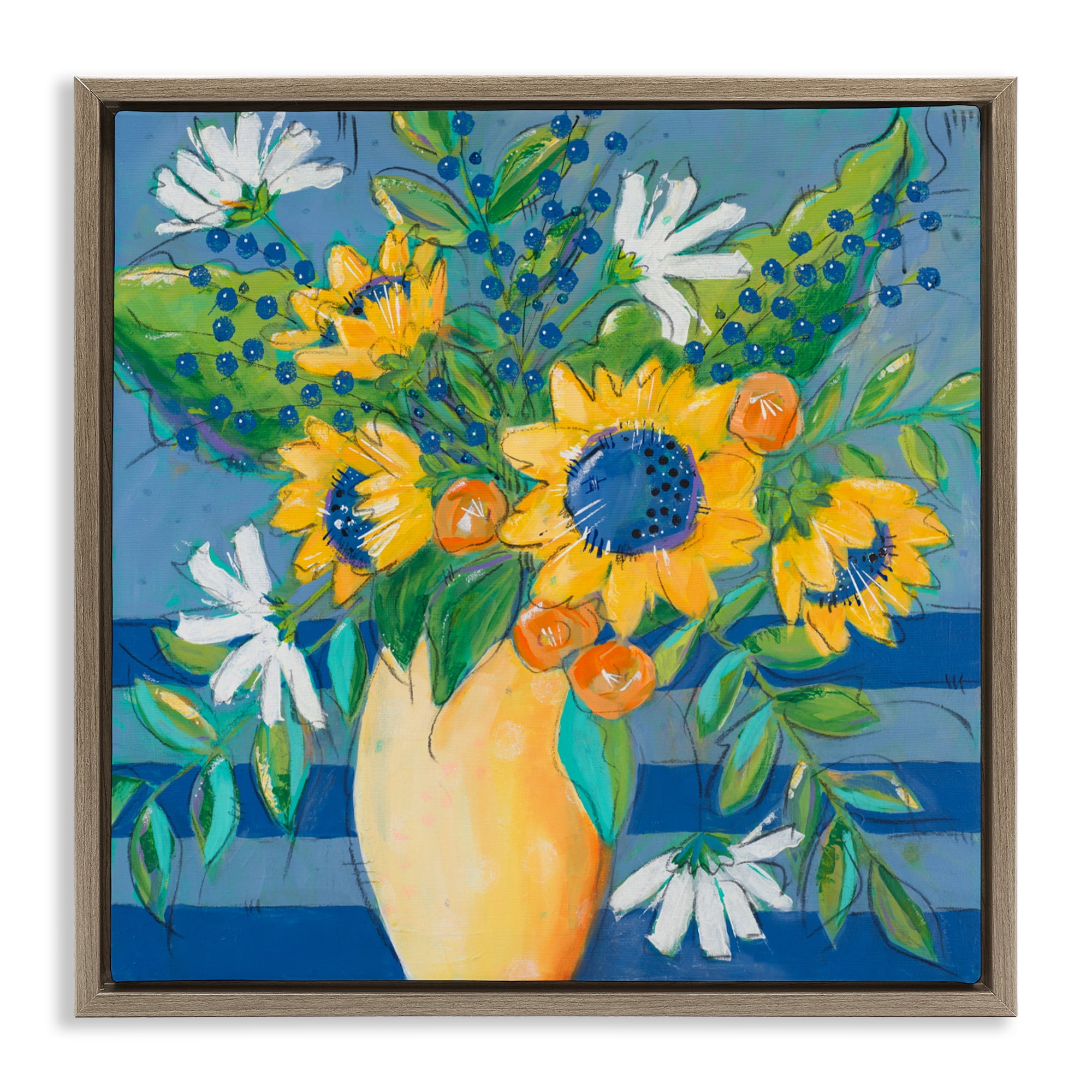 Stupell Industries Floral Bursts Among The Blue Brown Framed Floater Canvas Wall Art, design by Krinlox
