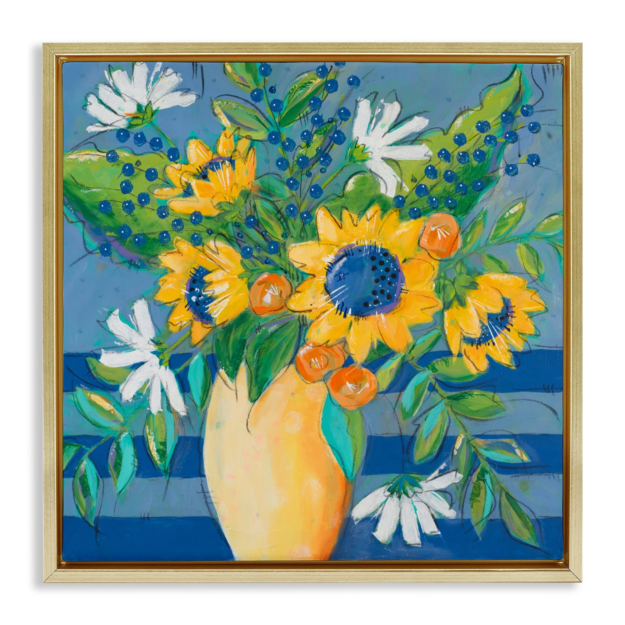 Stupell Industries Floral Bursts Among The Blue Gold Framed Floater Canvas Wall Art, design by Krinlox
