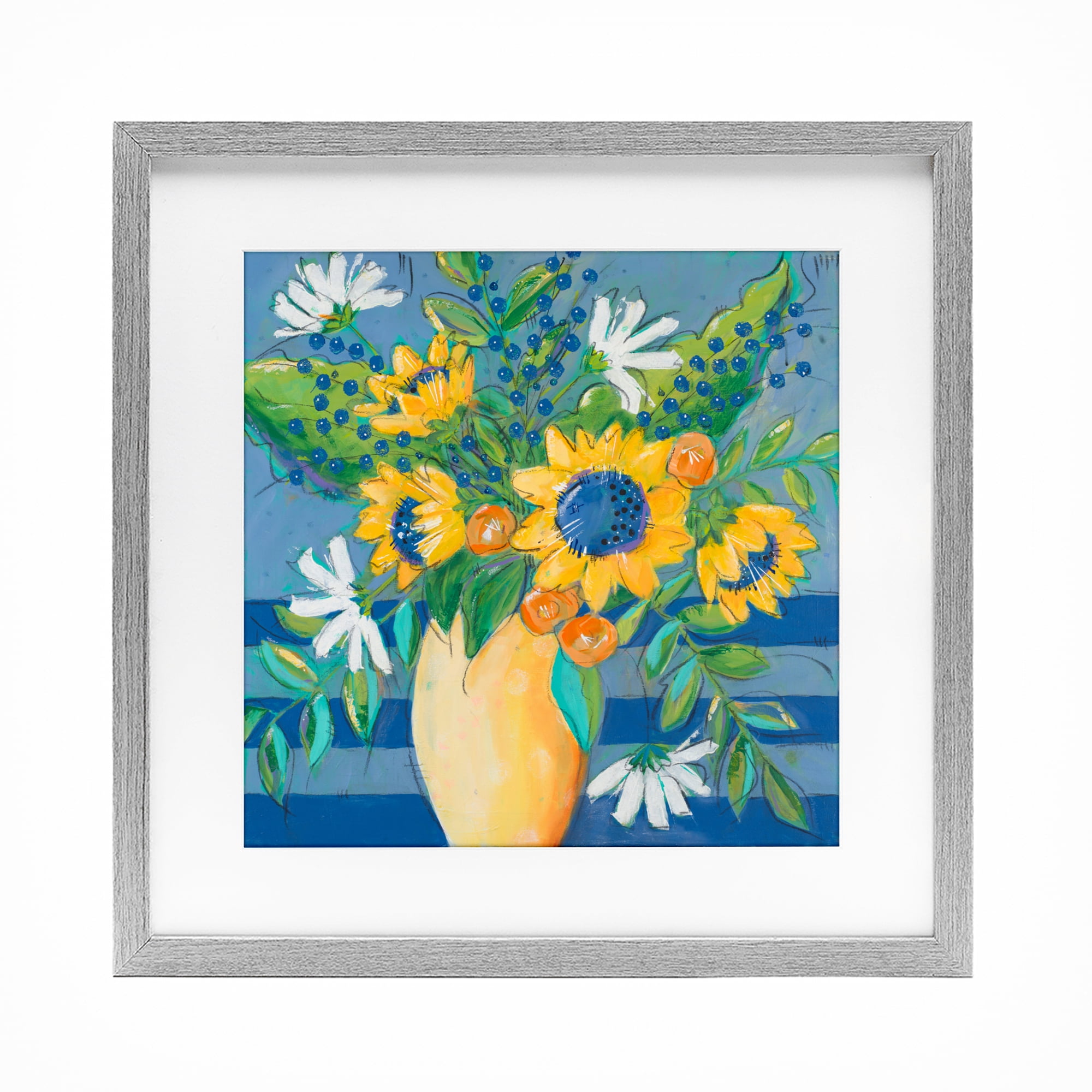 Stupell Industries Floral Bursts Among The Blue Gray Framed Print Under Glass, design by Krinlox