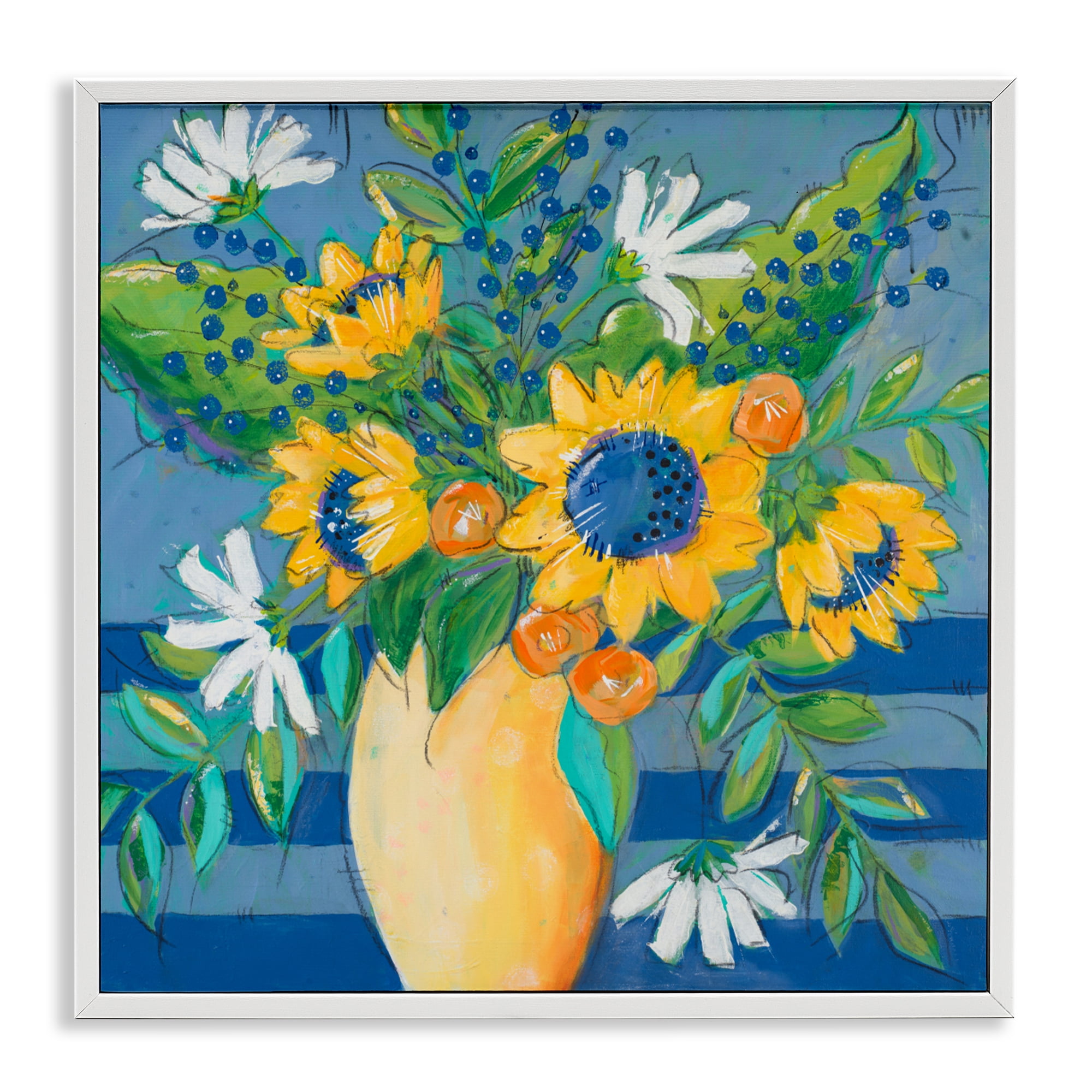 Stupell Industries Floral Bursts Among The Blue White Framed Giclee Art, design by Krinlox