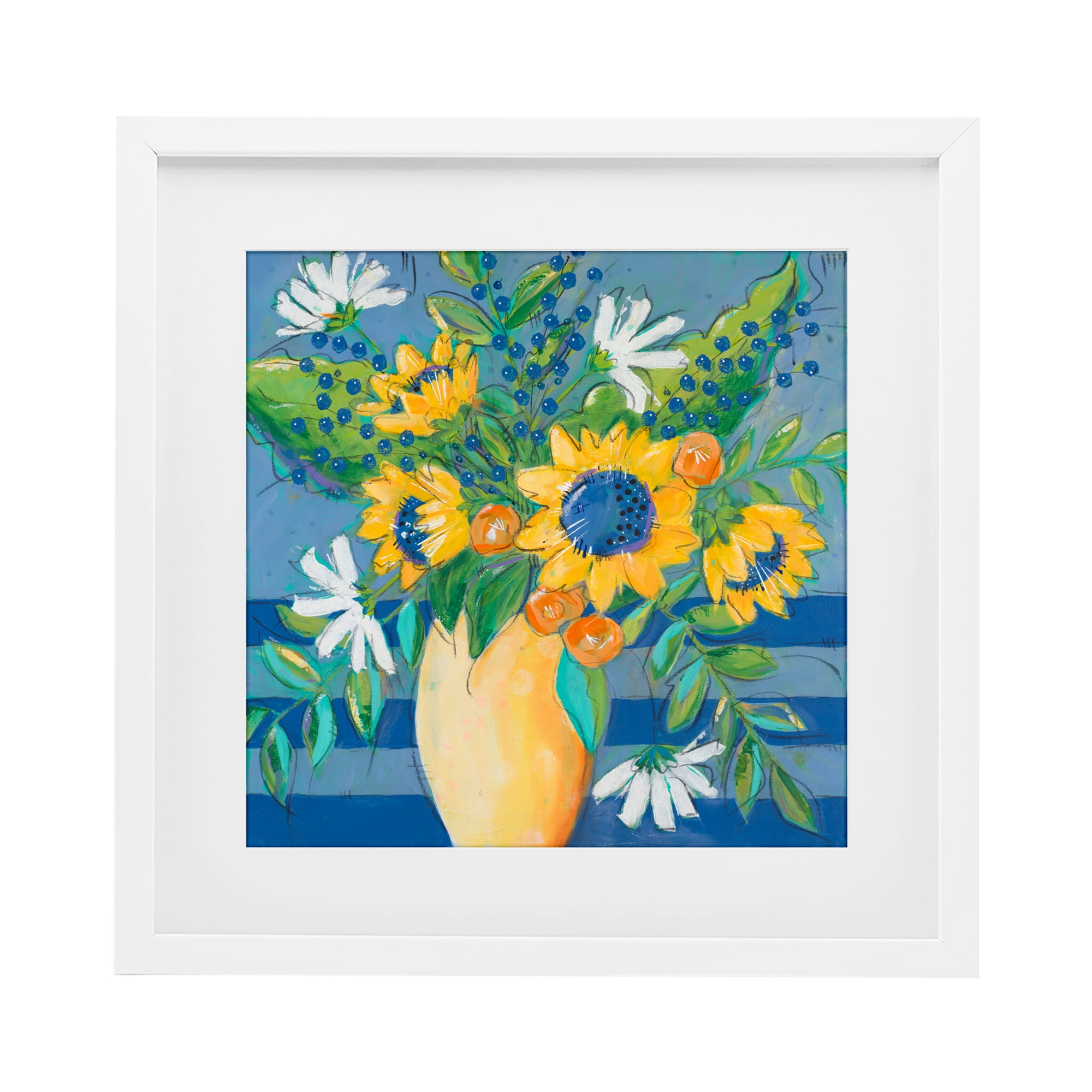 Stupell Industries Floral Bursts Among The Blue White Framed Print Under Glass, design by Krinlox