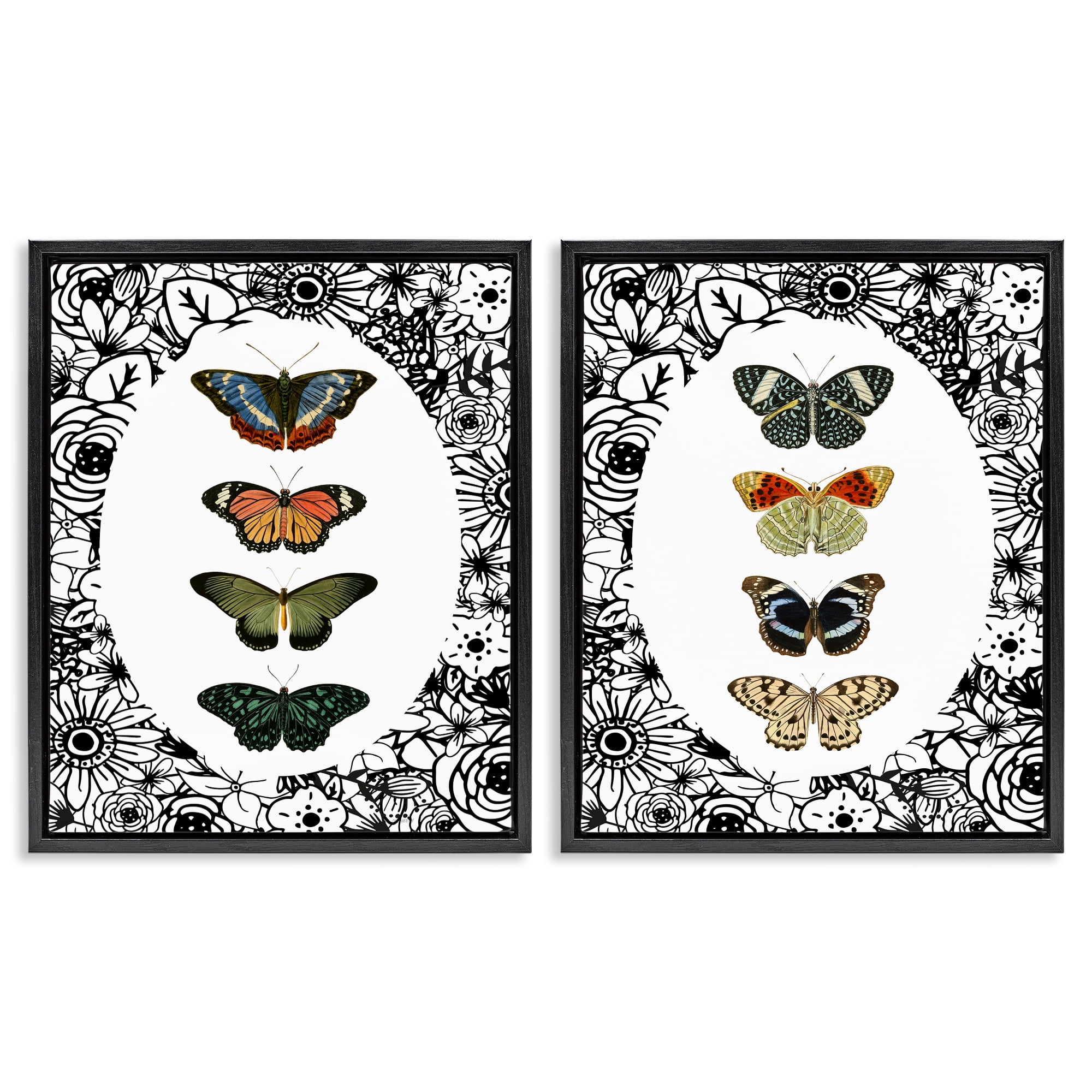 Stupell Industries Floral Butterflies Lineup 2 Piece Black Framed Floater Canvas Set, design by Dan Meneely