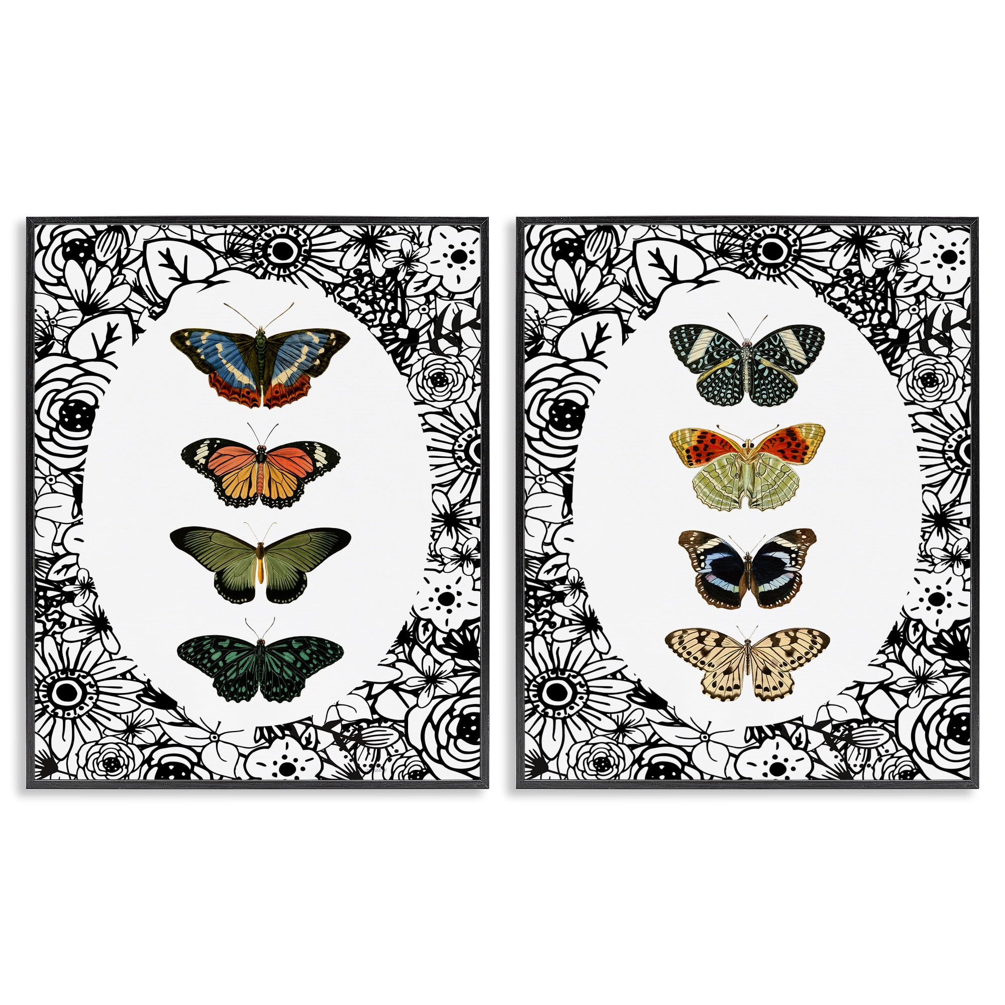 Stupell Industries Floral Butterflies Lineup 2 Piece Black Framed Giclee Art Set, design by Dan Meneely