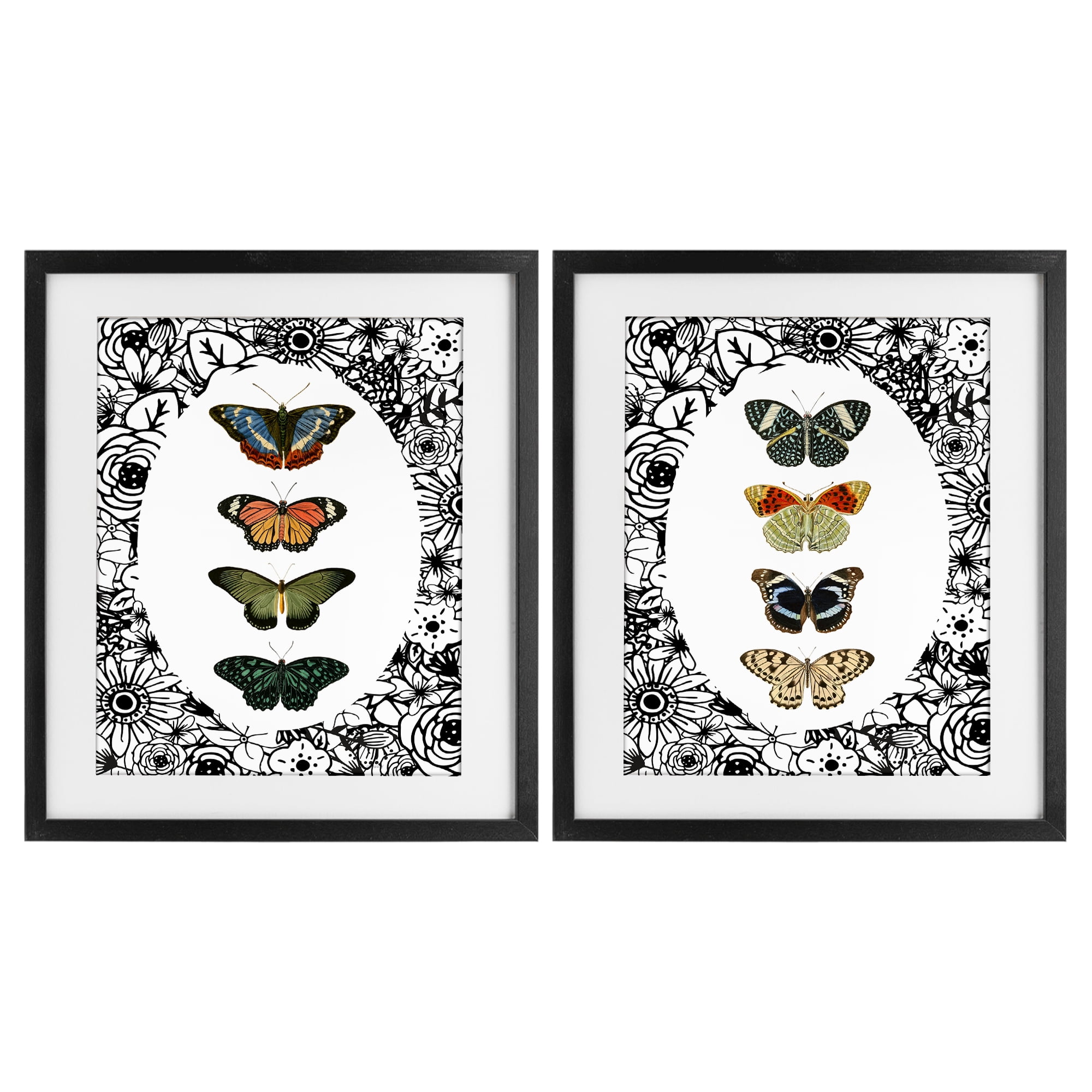 Stupell Industries Floral Butterflies Lineup 2 Piece Black Framed Print Under Glass Set, design by Dan Meneely
