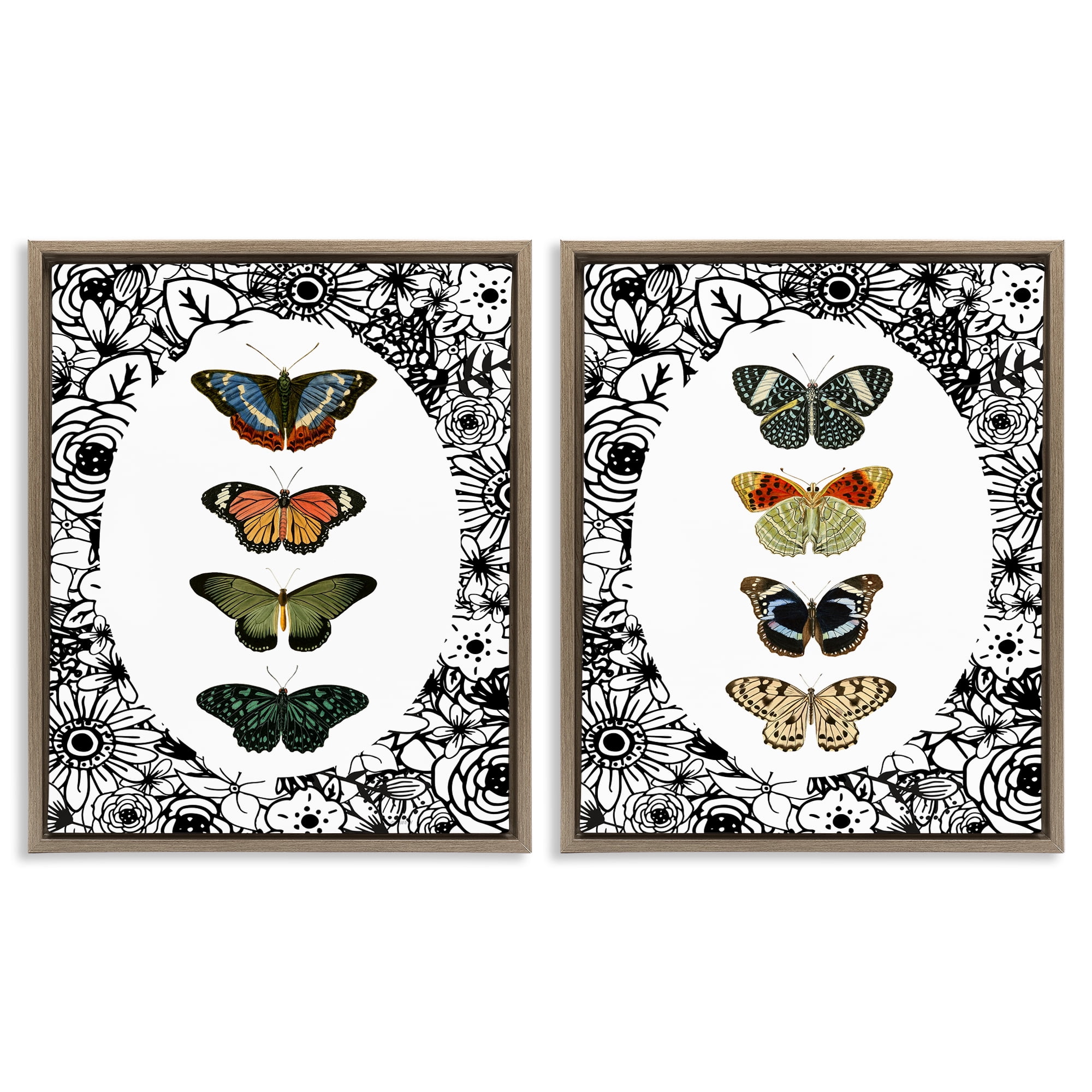 Stupell Industries Floral Butterflies Lineup 2 Piece Brown Framed Floater Canvas Set, design by Dan Meneely