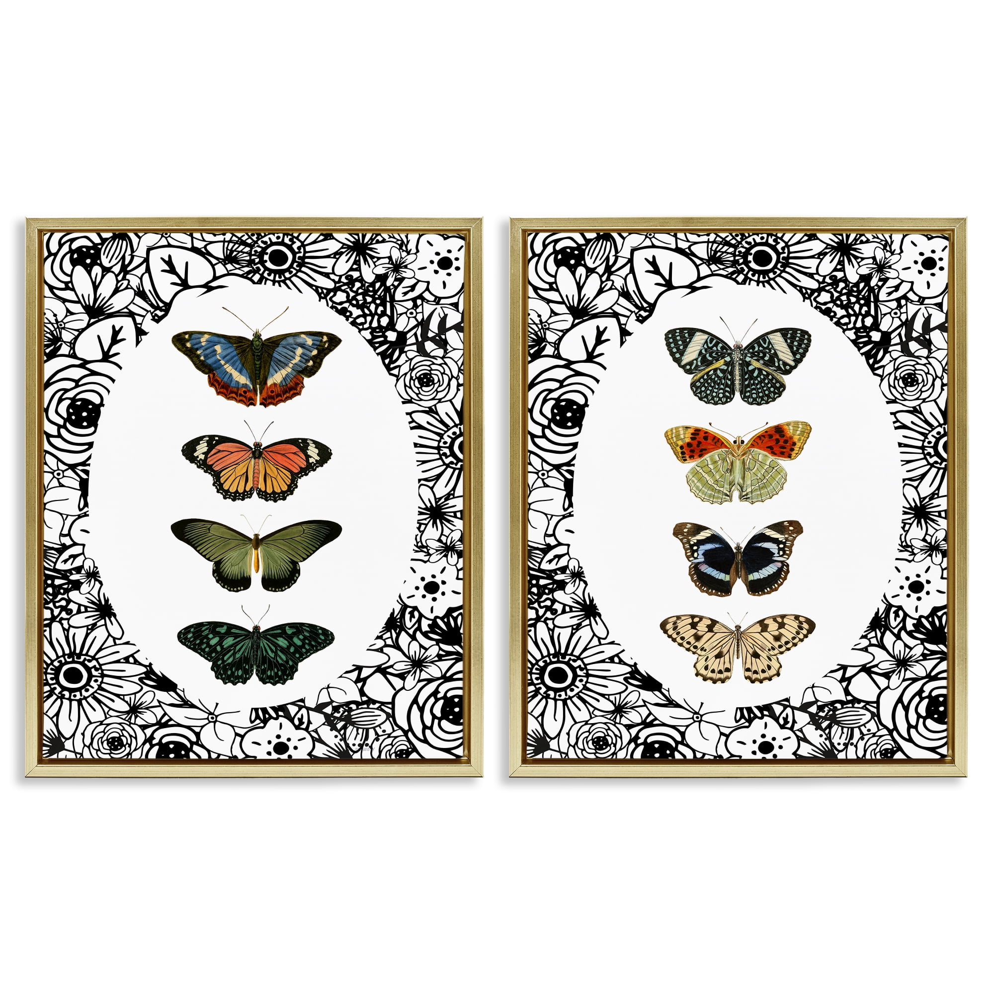 Stupell Industries Floral Butterflies Lineup 2 Piece Gold Framed Floater Canvas Set, design by Dan Meneely