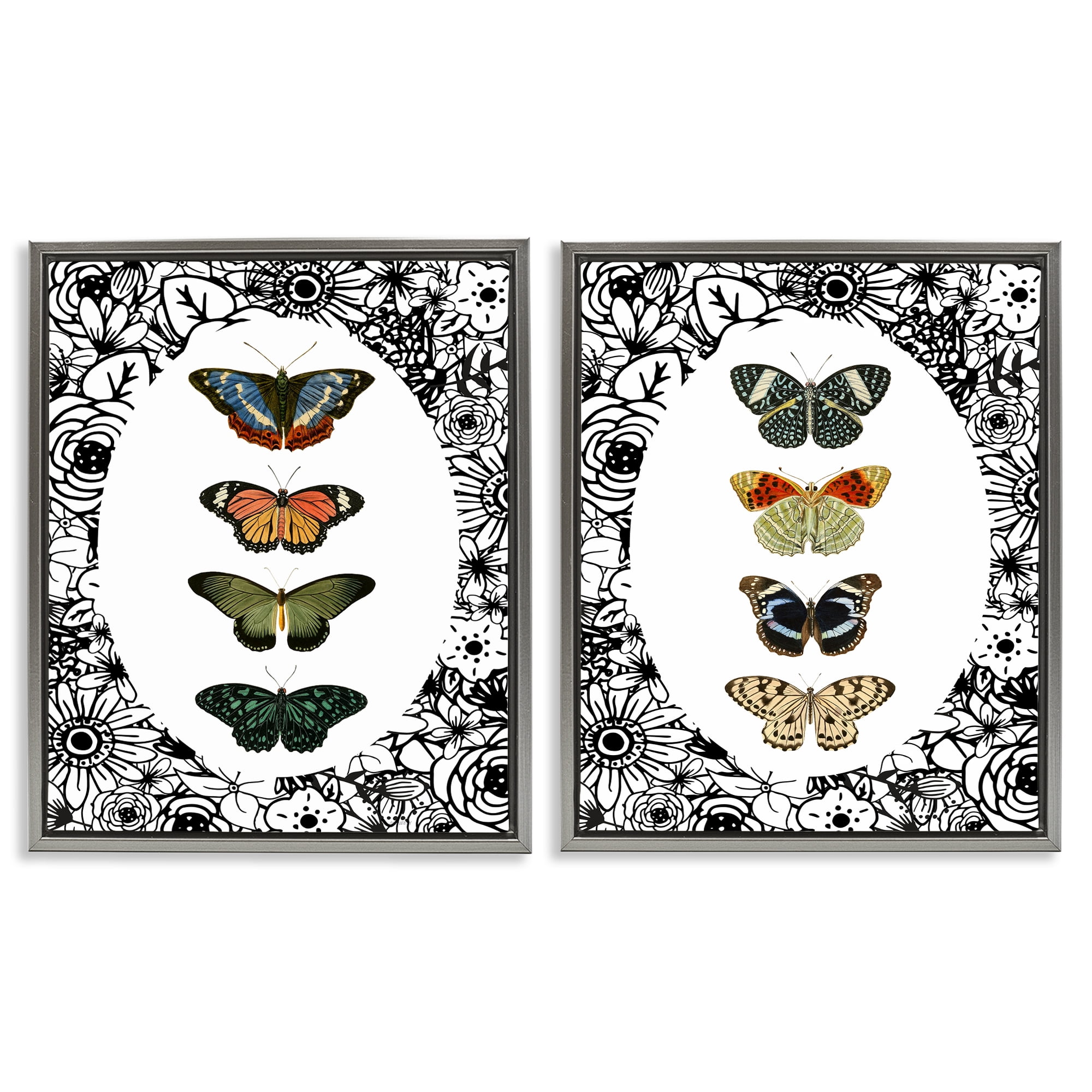 Stupell Industries Floral Butterflies Lineup 2 Piece Gray Framed Floater Canvas Set, design by Dan Meneely