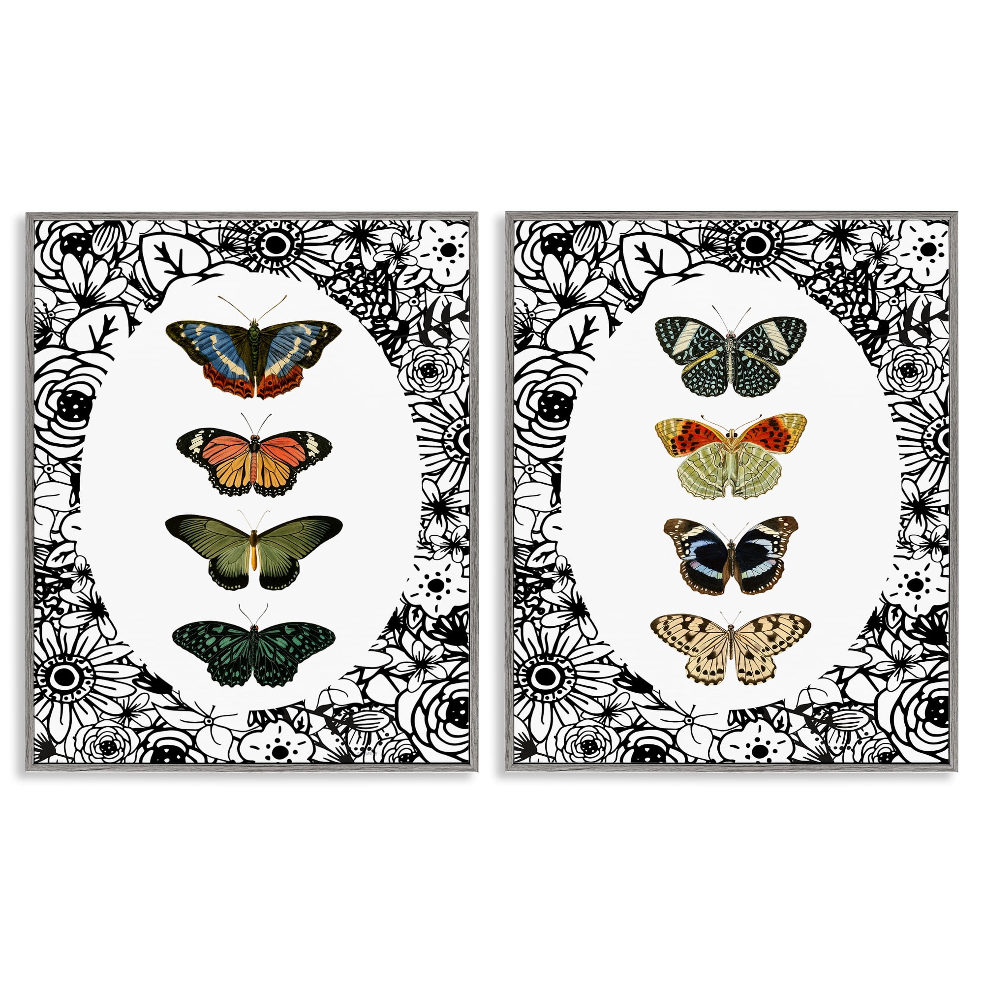 Stupell Industries Floral Butterflies Lineup 2 Piece Gray Framed Giclee Art Set, design by Dan Meneely