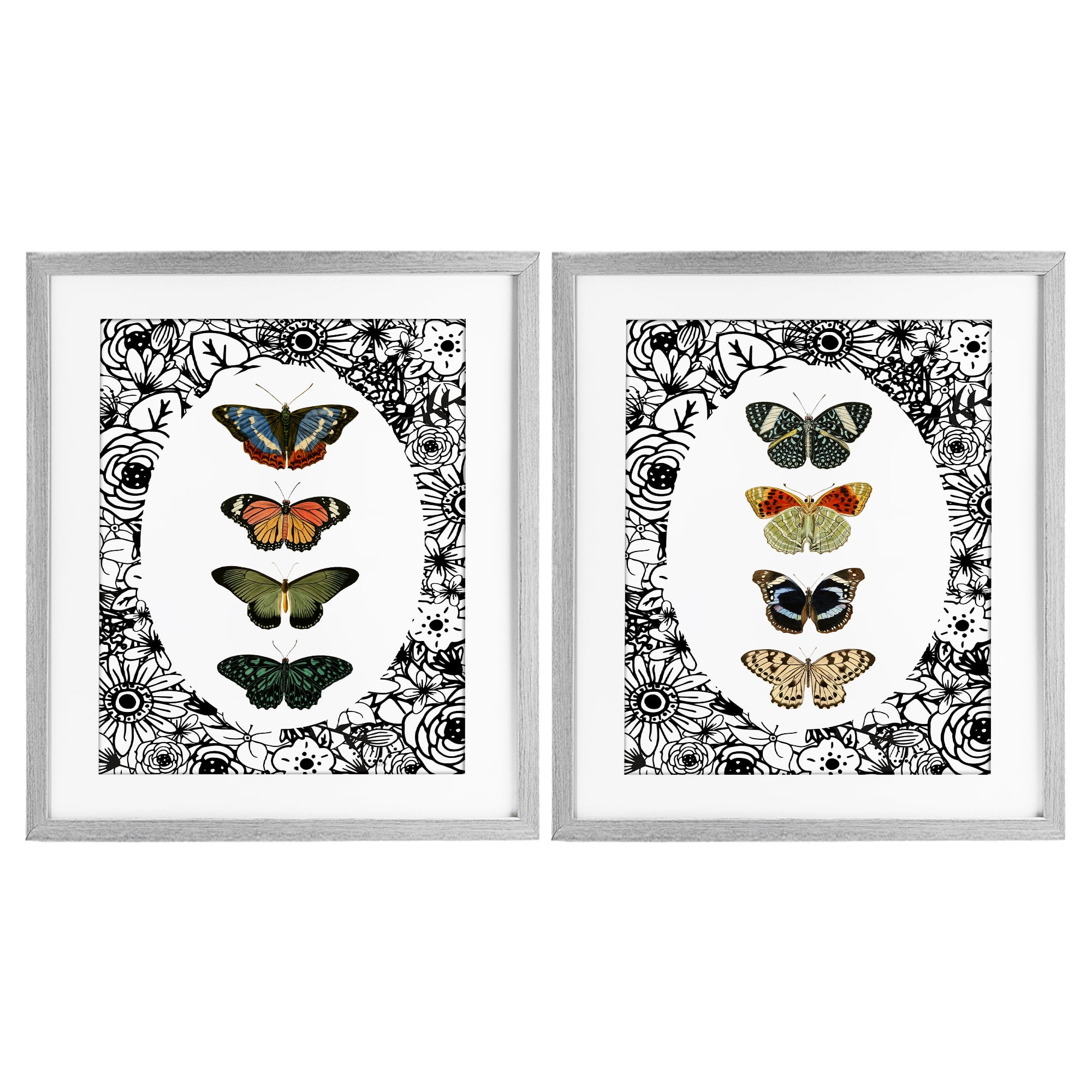 Stupell Industries Floral Butterflies Lineup 2 Piece Gray Framed Print Under Glass Set, design by Dan Meneely
