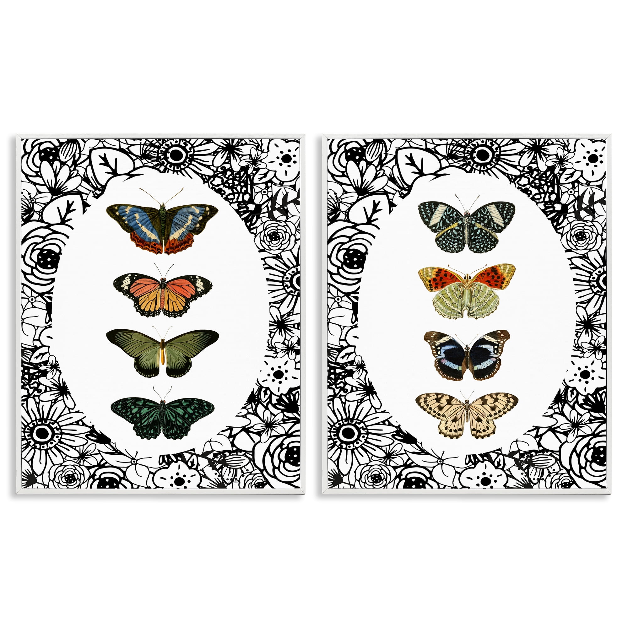 Stupell Industries Floral Butterflies Lineup 2 Piece White Framed Giclee Art Set, design by Dan Meneely