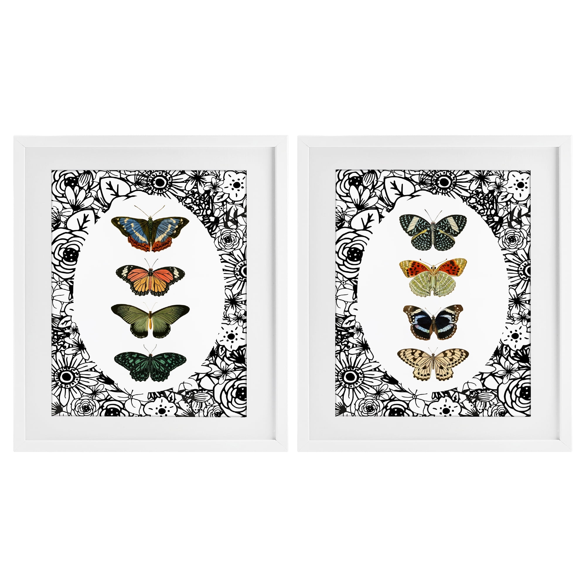 Stupell Industries Floral Butterflies Lineup 2 Piece White Framed Print Under Glass Set, design by Dan Meneely