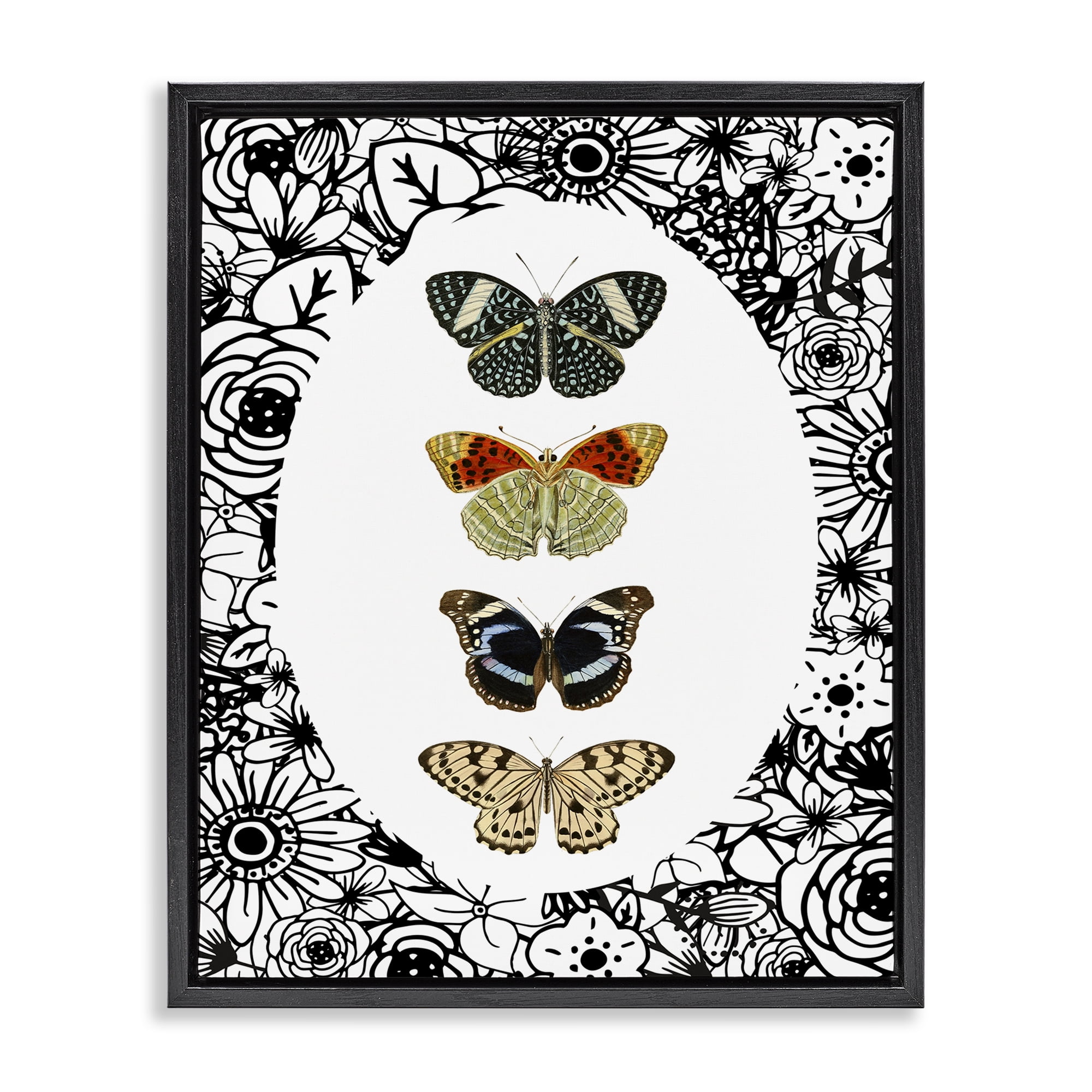 Stupell Industries Floral Butterfly Lineup Black Framed Floater Canvas Wall Art, design by Dan Meneely