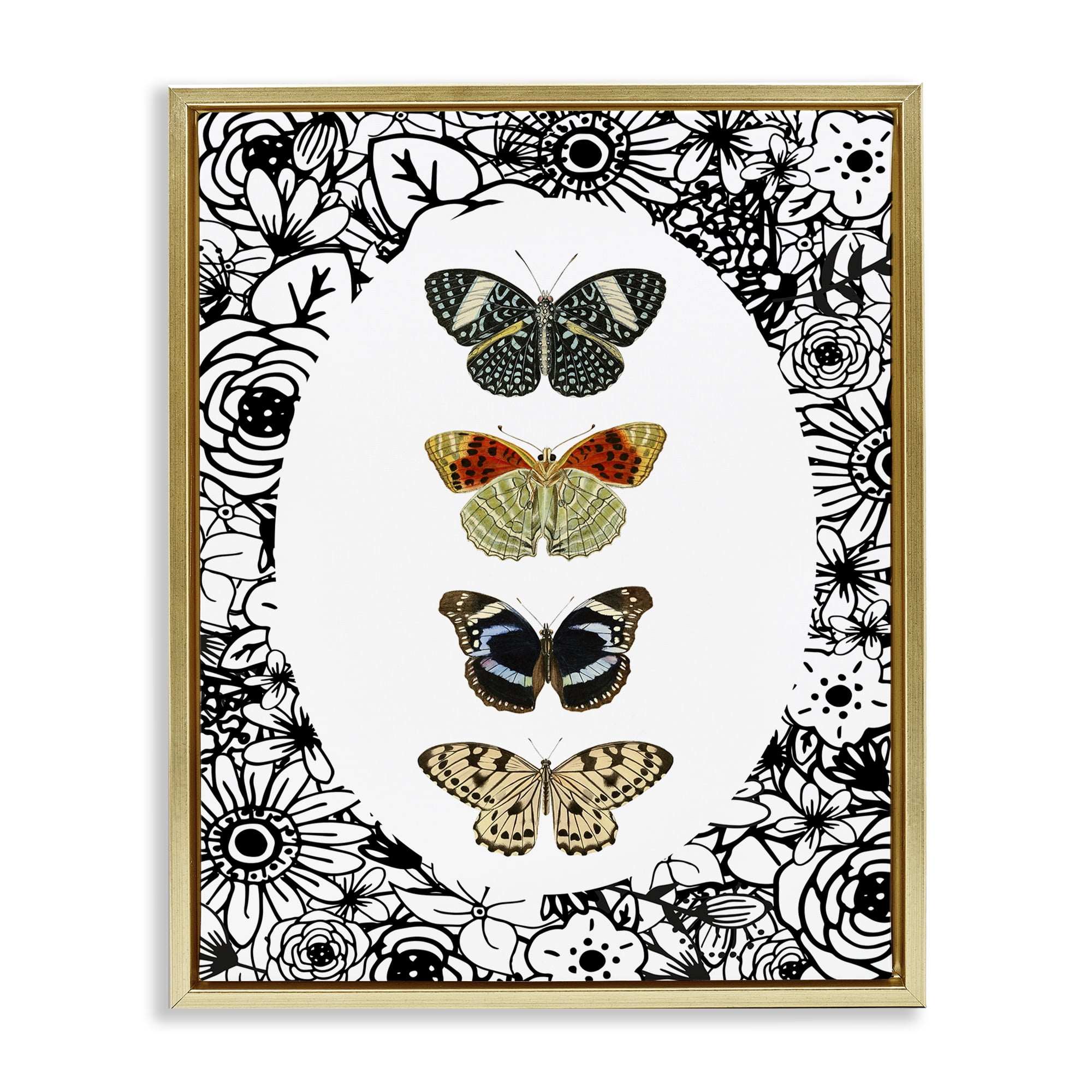 Stupell Industries Floral Butterfly Lineup Gold Framed Floater Canvas Wall Art, design by Dan Meneely