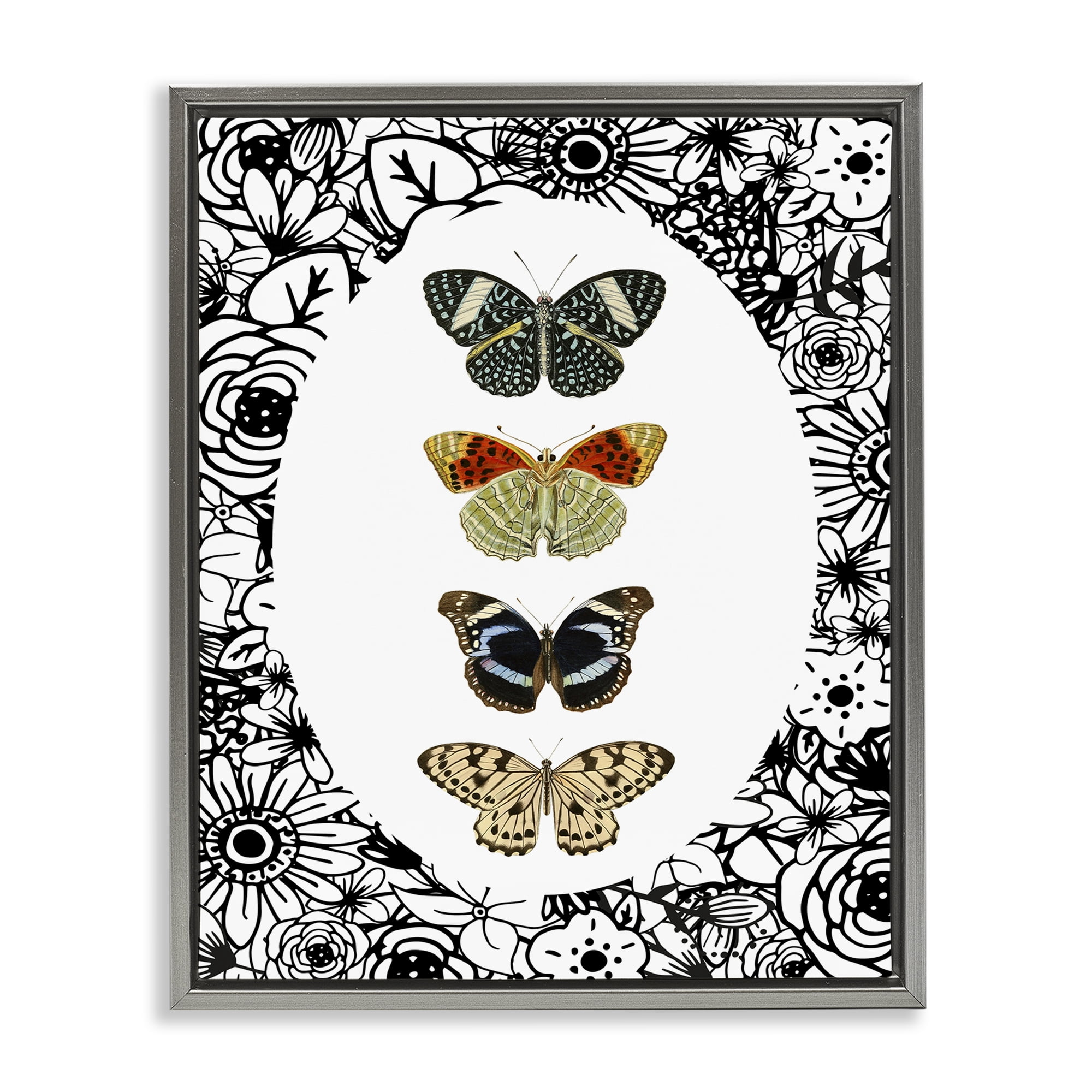 Stupell Industries Floral Butterfly Lineup Gray Framed Floater Canvas Wall Art, design by Dan Meneely