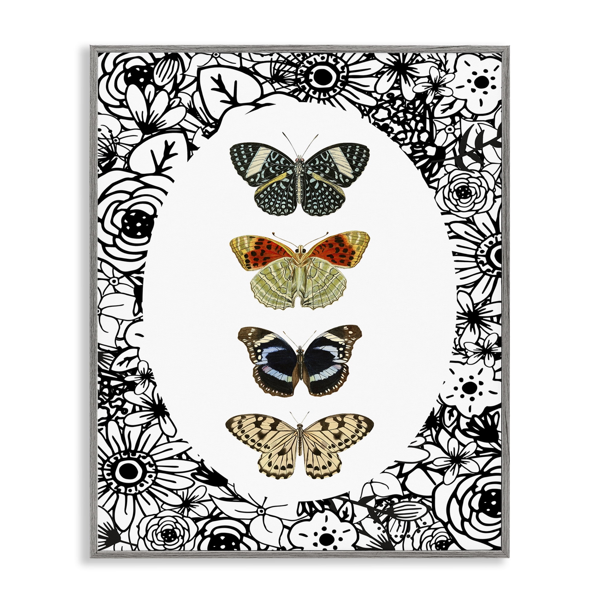 Stupell Industries Floral Butterfly Lineup Gray Framed Giclee Art, design by Dan Meneely