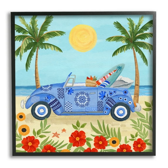 Stupell Industries Floral Car on Beach Transportation Painting Black Framed Art Print Wall Art, 12 x 12