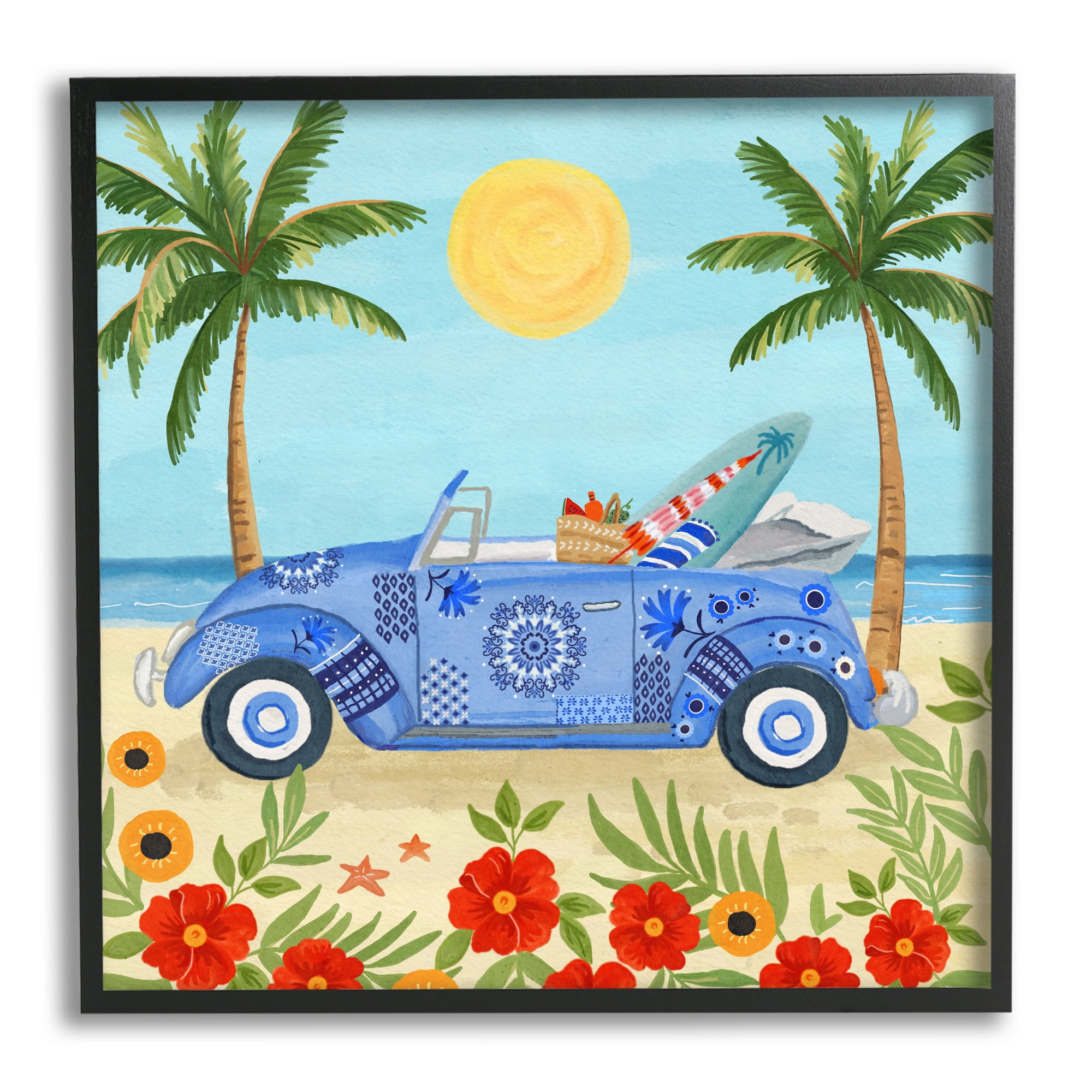 Stupell Industries Floral Car on Beach Transportation Painting Black Framed Art Print Wall Art, 24 x 24
