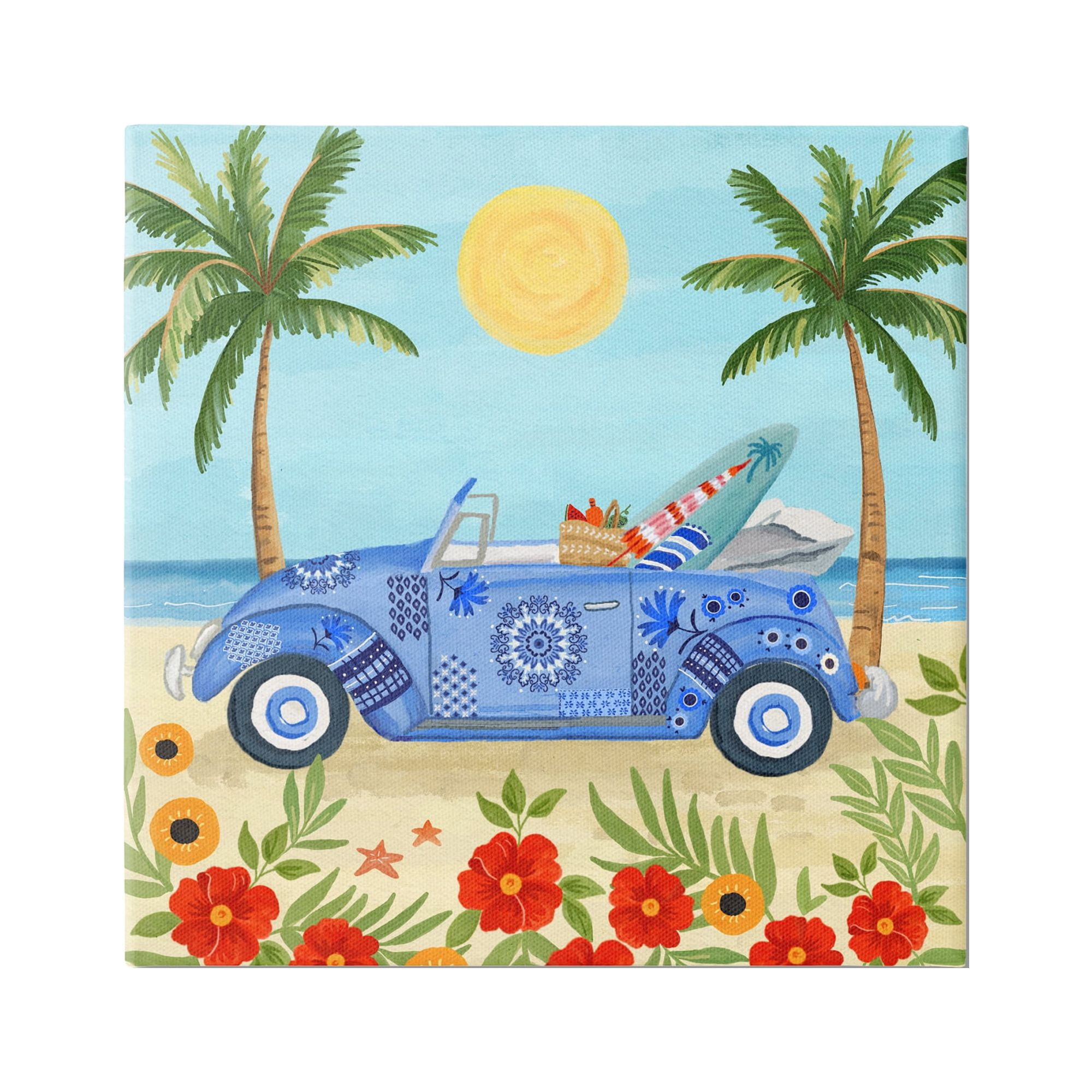 Stupell Industries Floral Car on Beach Transportation Painting Gallery Wrapped Canvas Print Wall Art, 36 x 36