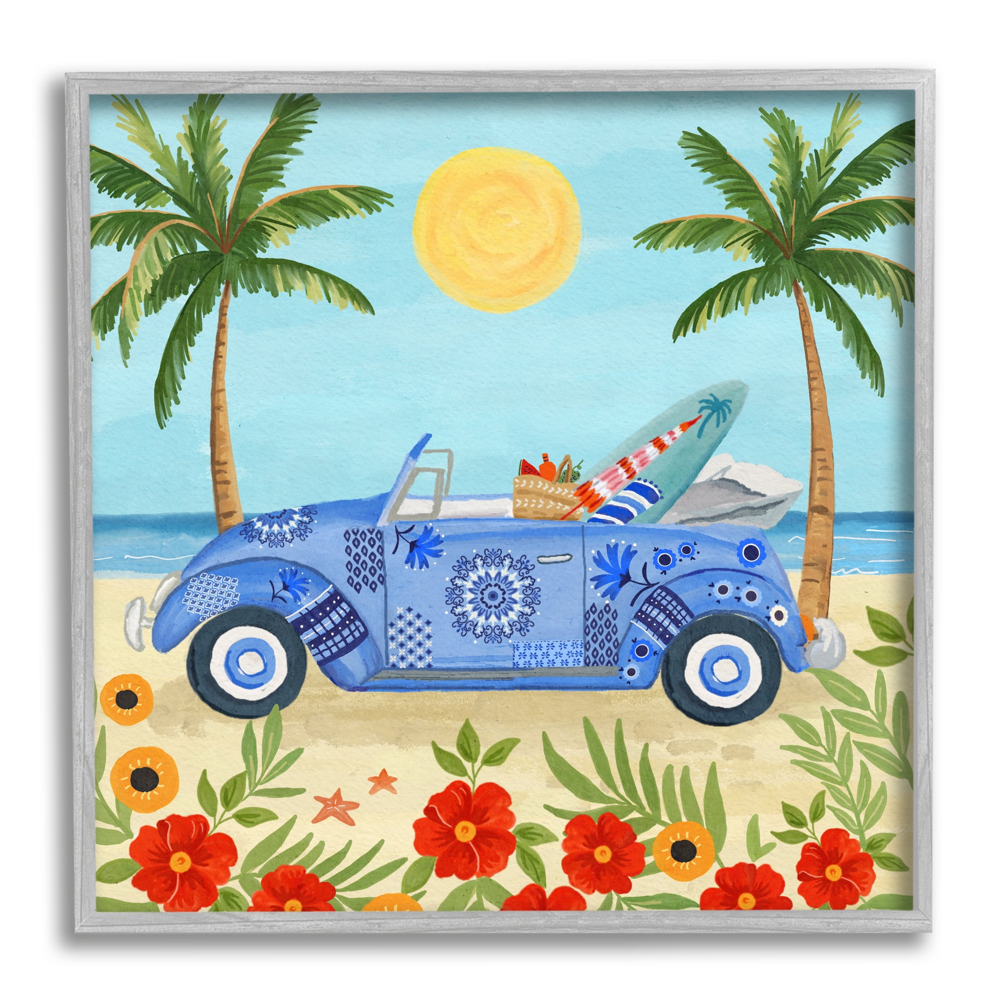 Stupell Industries Floral Car on Beach Transportation Painting Gray Framed Art Print Wall Art, 24 x 24