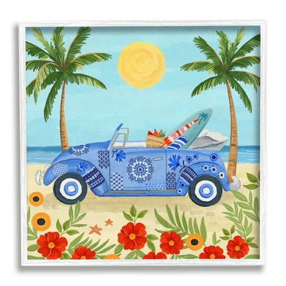 Stupell Industries Floral Car on Beach Transportation Painting White Framed Art Print Wall Art, 12 x 12