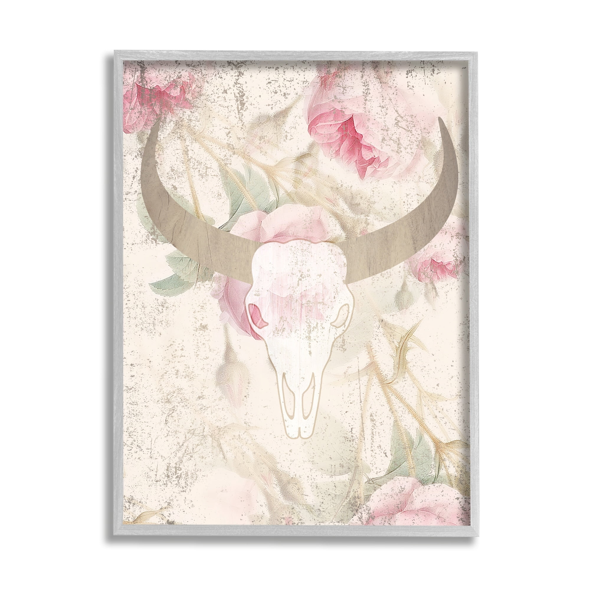 Stupell Industries Floral Cattle Skull Blooms Animals & Insects Painting Gray Framed Art Print Wall Art