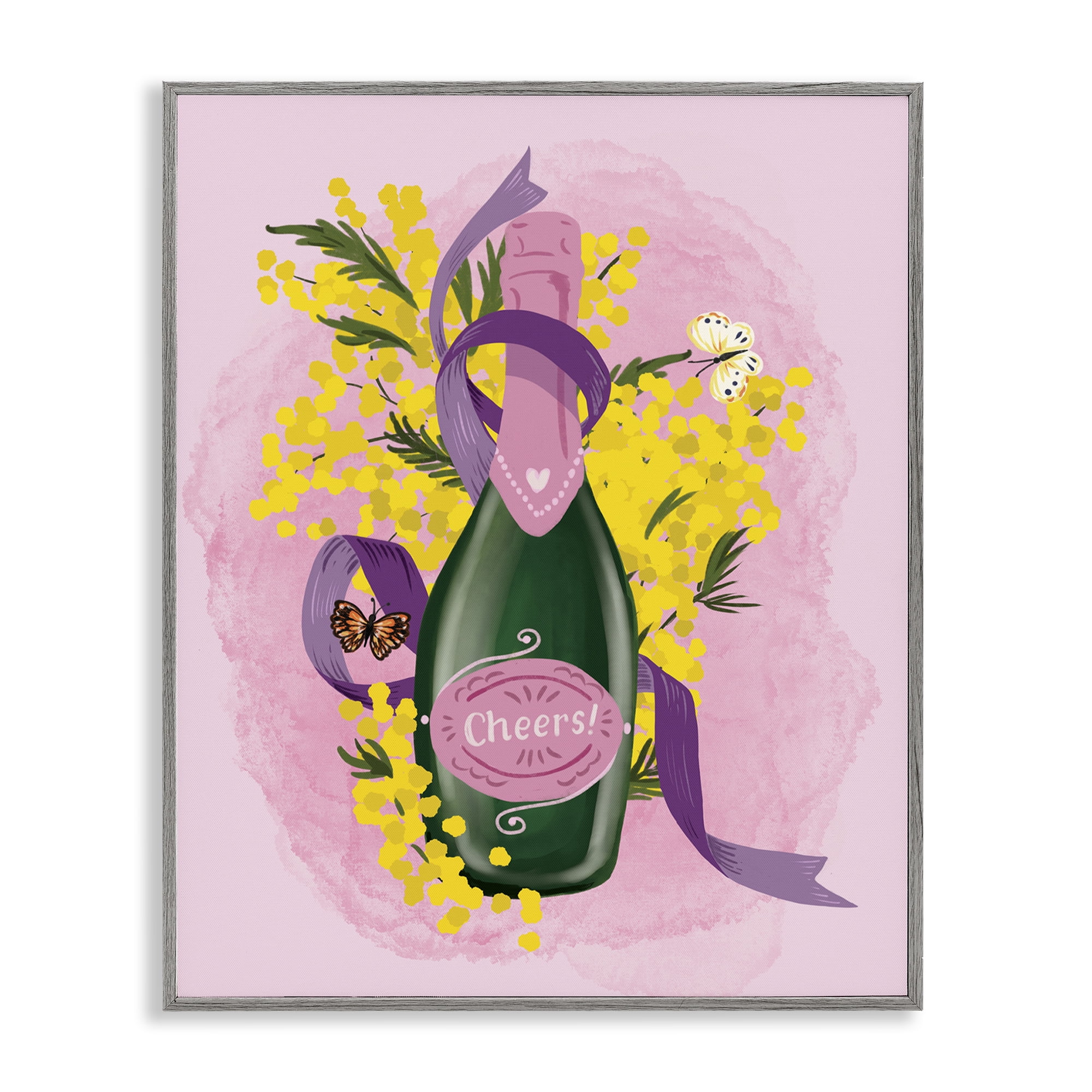Stupell Industries Floral Champagne Bottle Food & Beverage Painting Gray Framed Art Print Wall Art, 16 x 20