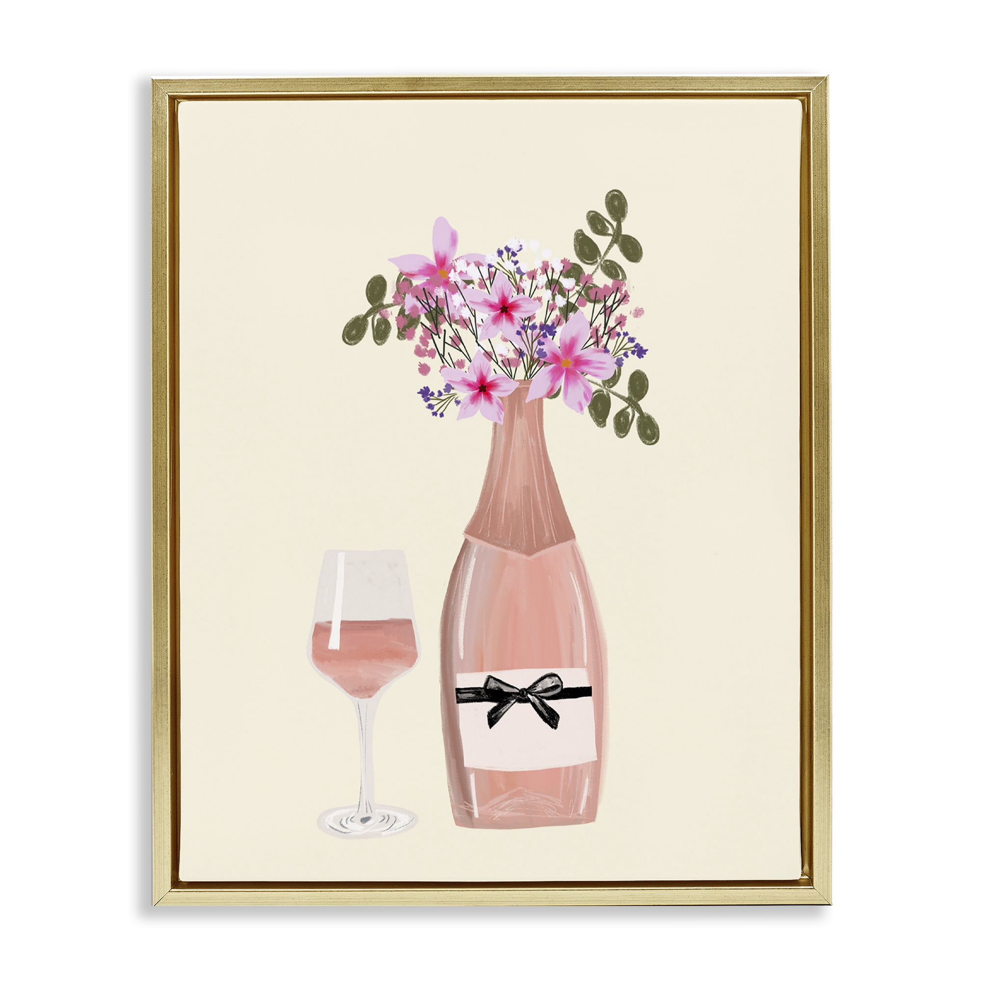 Stupell Industries Floral Champagne & Glass Food & Beverage Painting Gold Floater Framed Art Print Wall Art, 25 x 31