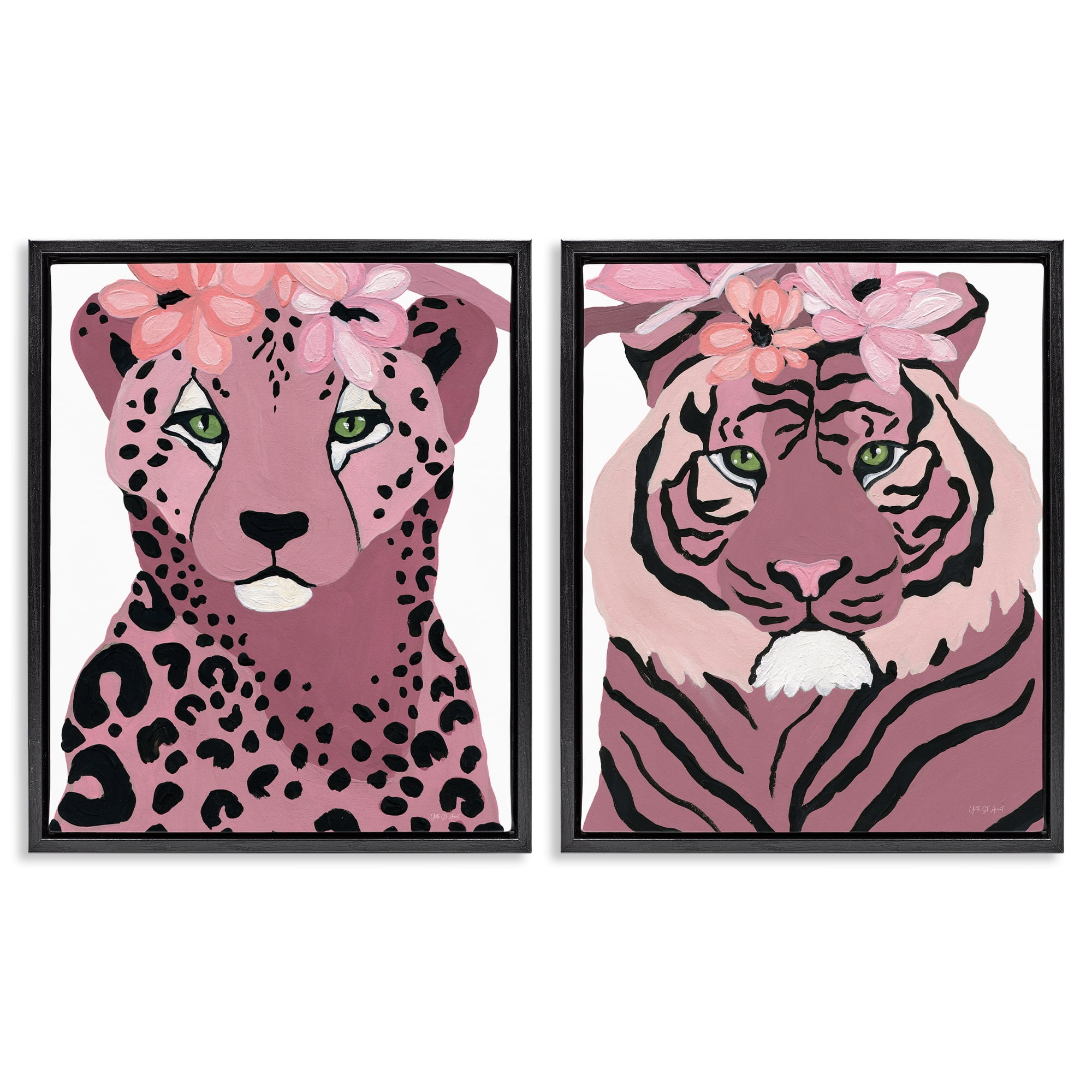 Stupell Industries Floral Cheetah Tiger Animals Painting Black Floater Framed Canvas Art Print Wall Art, 17 x 21, Set of 2