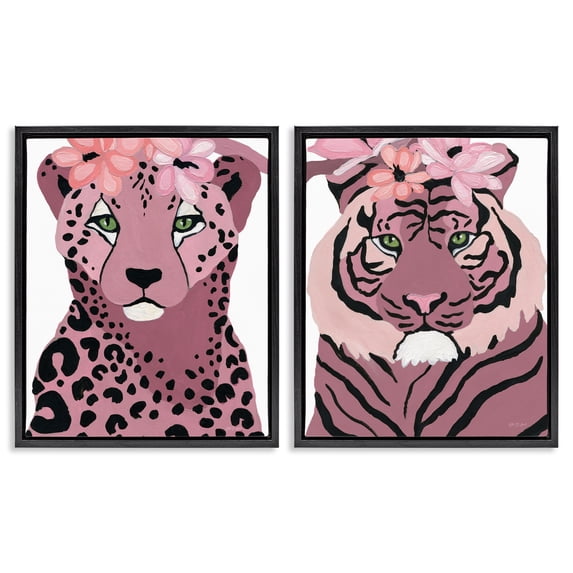 Stupell Industries Floral Cheetah Tiger Animals Painting Black Floater Framed Canvas Art Print Wall Art, 31 x 25, Set of 2