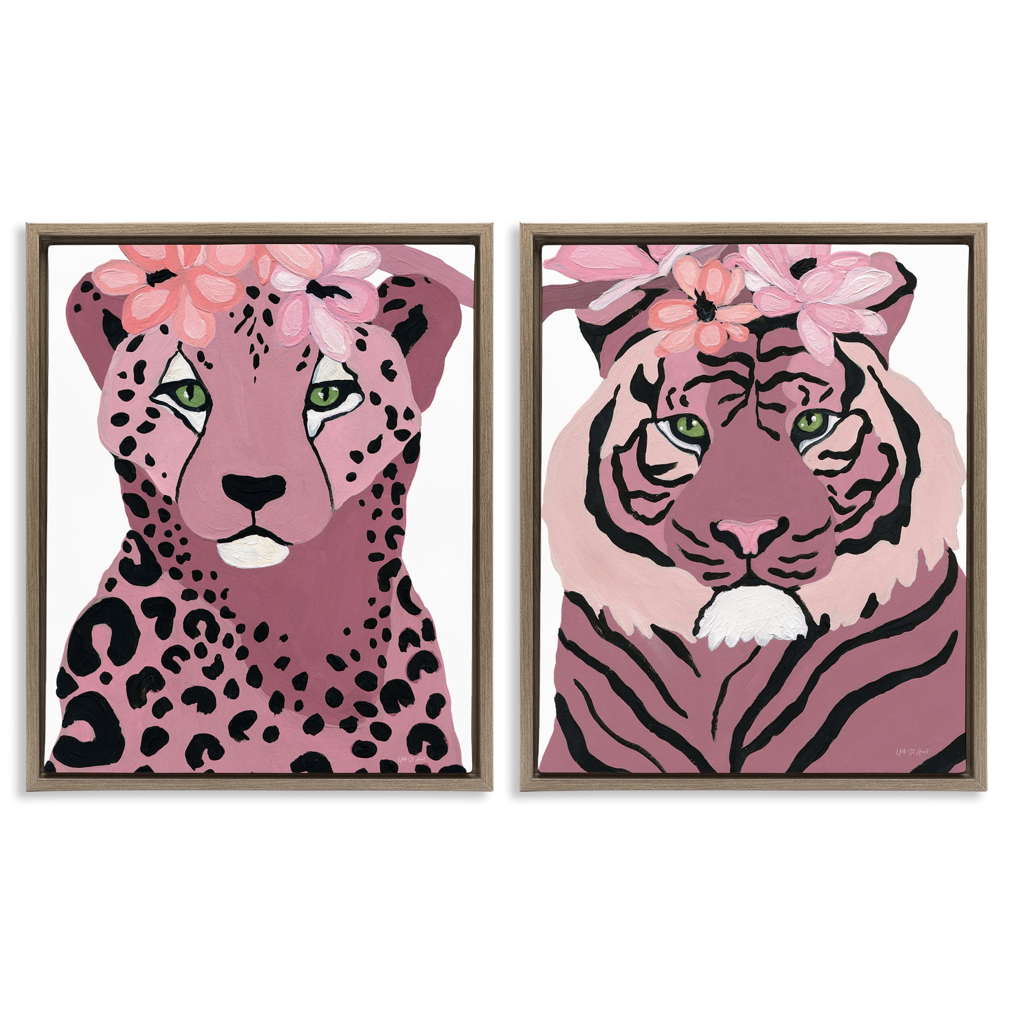Stupell Industries Floral Cheetah Tiger Animals Painting Brown Floater Framed Canvas Art Print Wall Art, 17 x 21, Set of 2