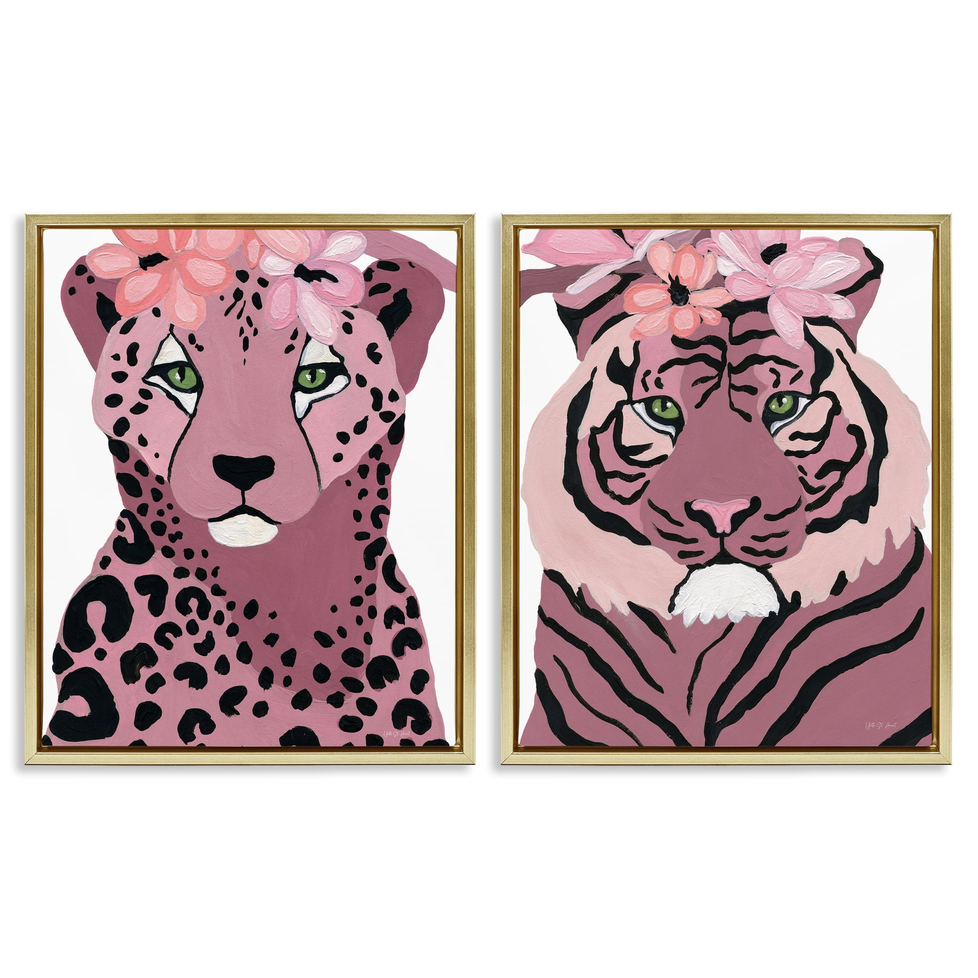 Stupell Industries Floral Cheetah Tiger Animals Painting Gold Floater Framed Canvas Art Print Wall Art, 17 x 21, Set of 2
