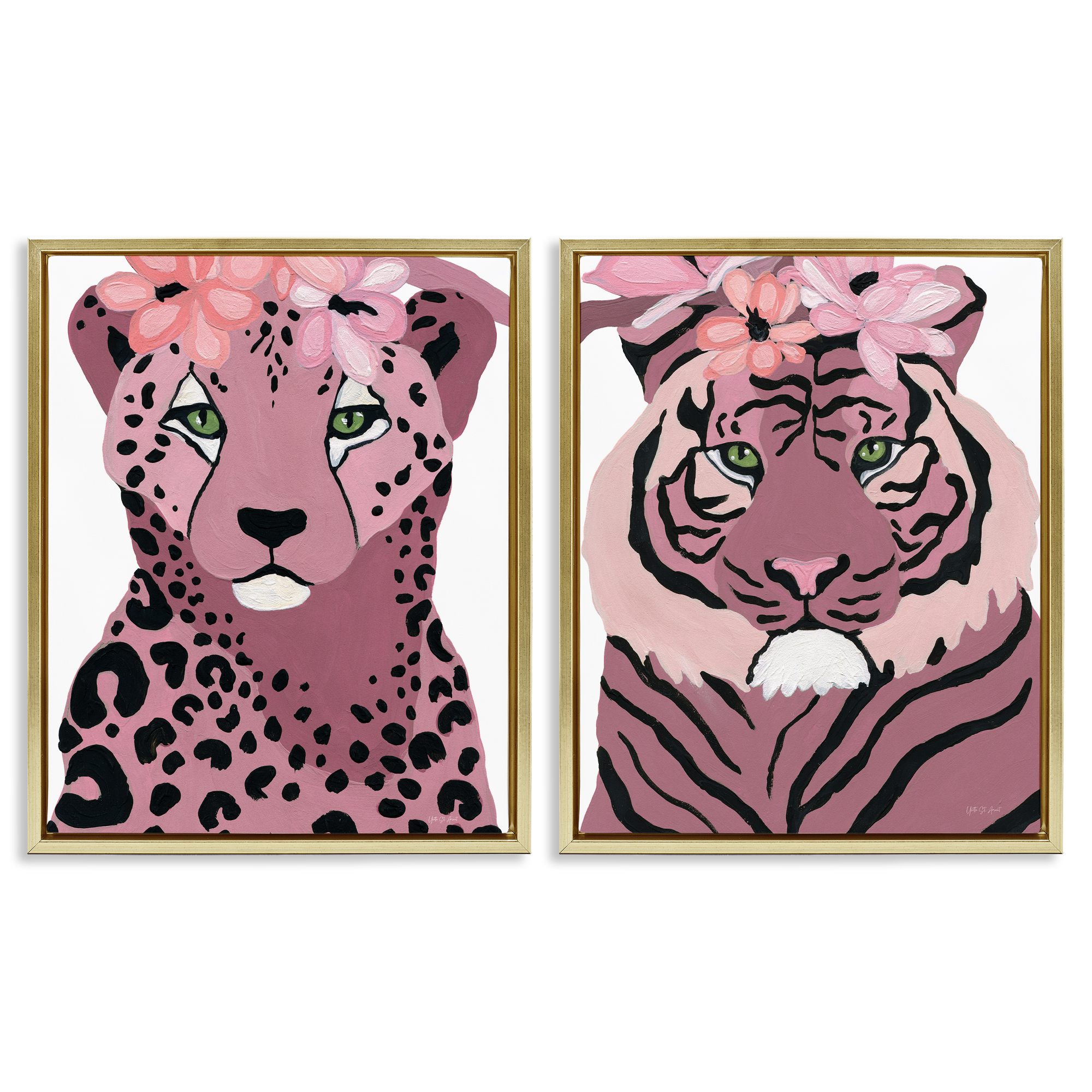 Stupell Industries Floral Cheetah Tiger Animals Painting Gold Floater Framed Canvas Art Print Wall Art, 31 x 25, Set of 2