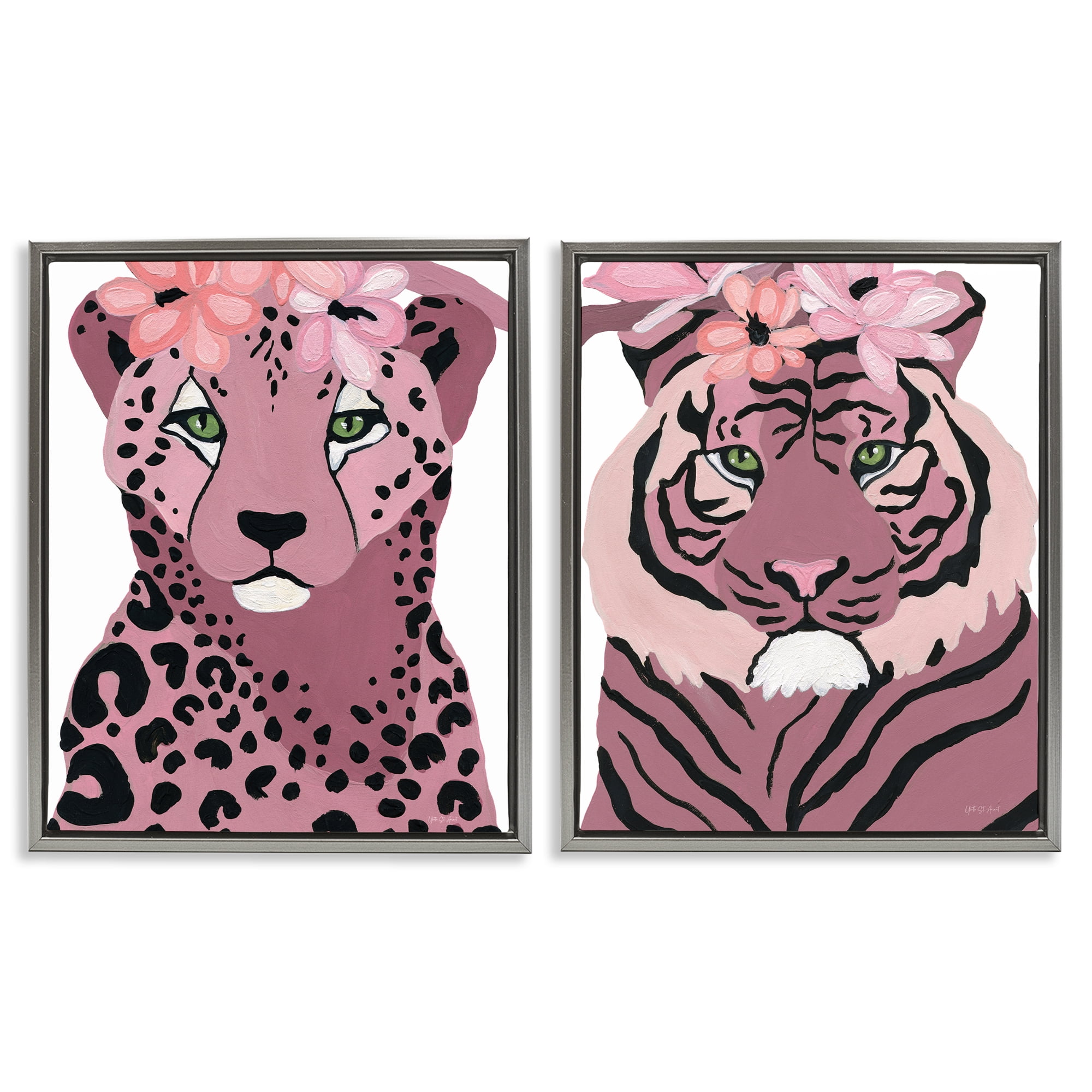 Stupell Industries Floral Cheetah Tiger Animals Painting Gray Floater Framed Canvas Art Print Wall Art, 17 x 21, Set of 2