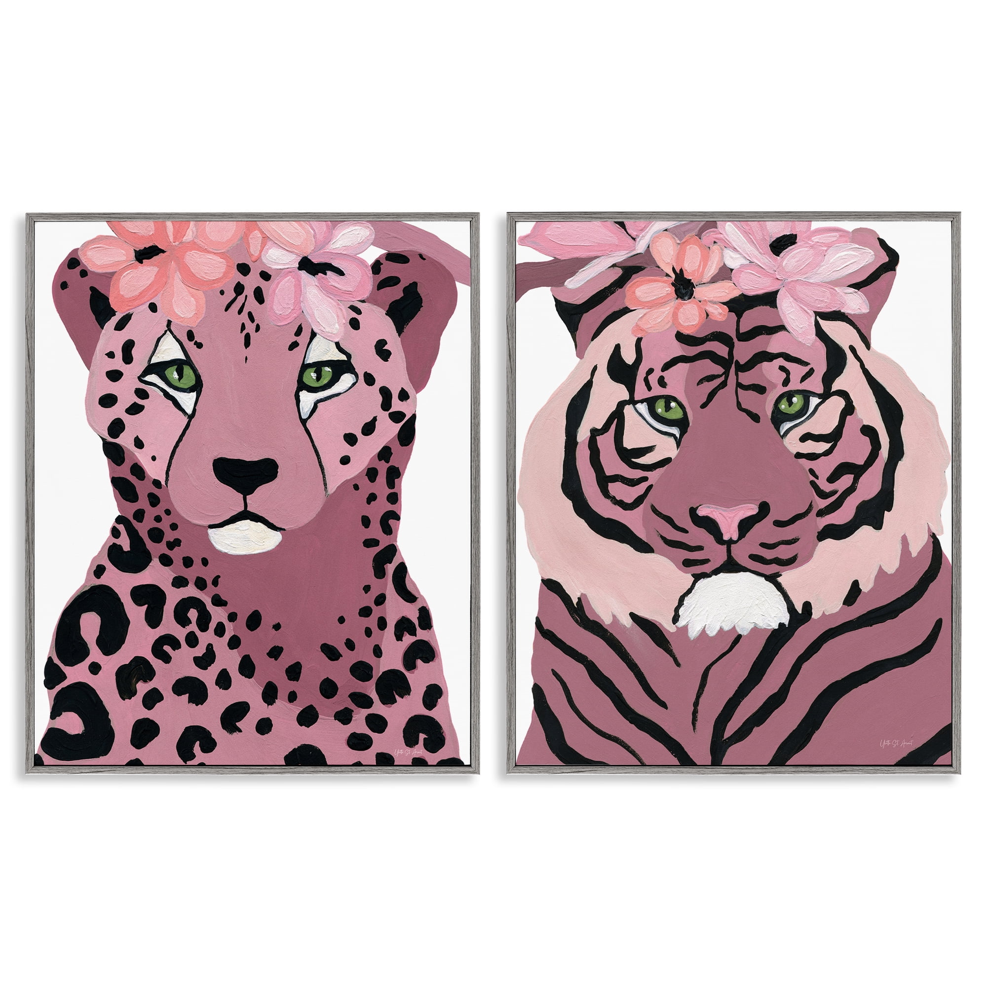 Stupell Industries Floral Cheetah Tiger Animals Painting Gray Framed Art Print Wall Art, 16 x 20, Set of 2