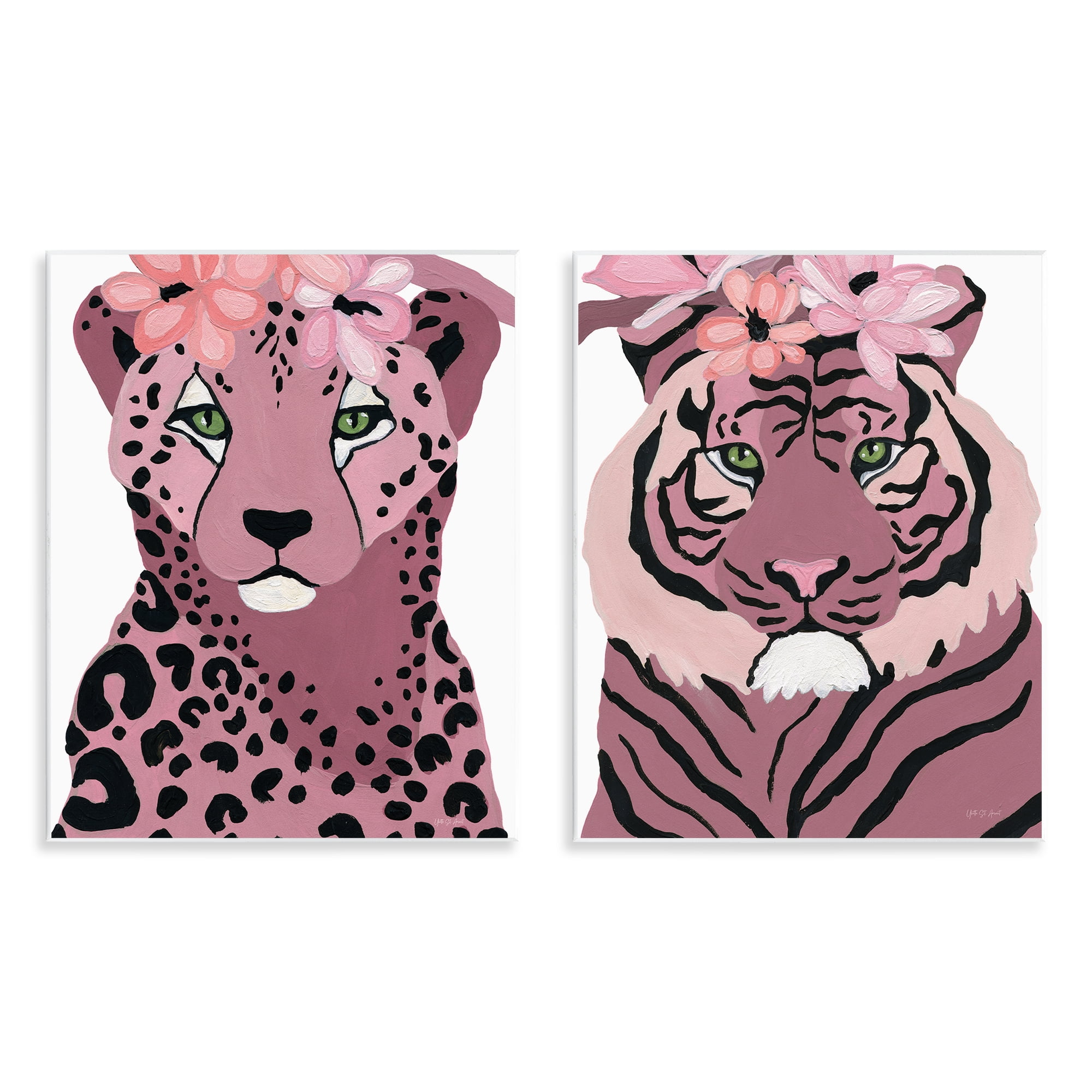 Stupell Industries Floral Cheetah Tiger Animals Painting Unframed Art Print Wall Art, 11 x 14, Set of 2